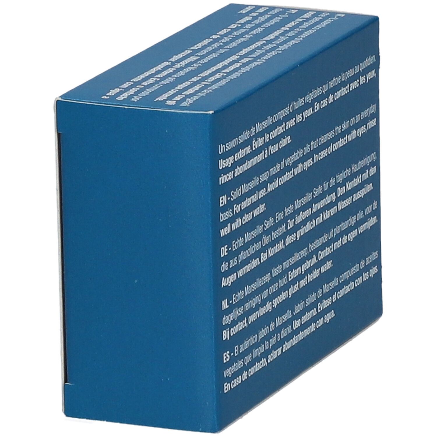 Blaue Schachtel mit Text in mehreren Sprachen. Enthält Informationen zur Verwendung des Produkts. "Savon de Marseille".