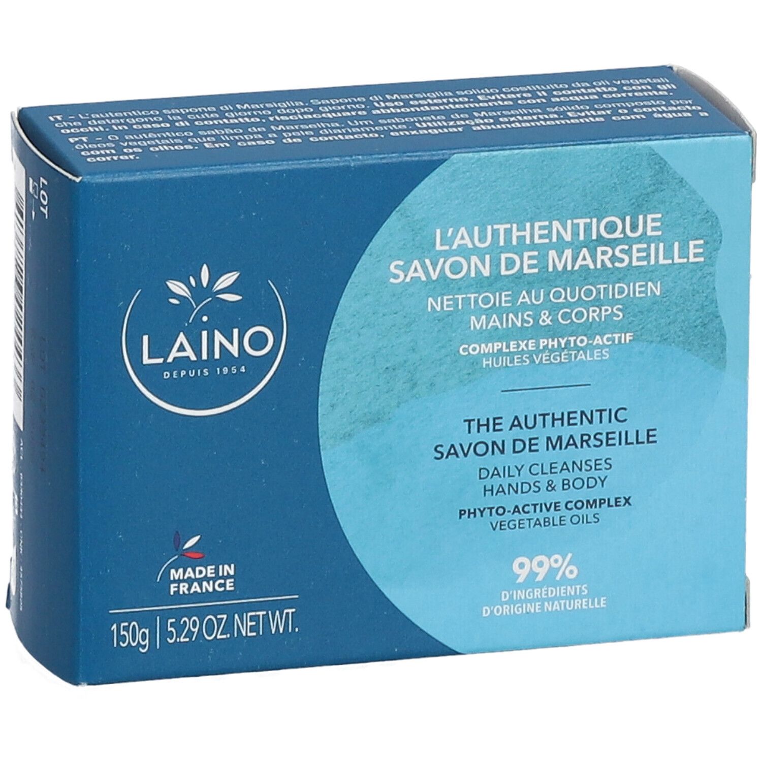 Blaue Schachtel mit "Laino"-Logo und Text: "Savon de Marseille". Enthält 150g Seife. 99% natürliche Inhaltsstoffe.
