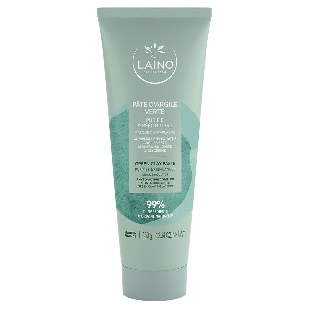 Grüne Tonerde-Paste in Tube. Aufschrift: LAINO, PÂTE D'ARGILE VERTE, 99% Inhaltsstoffe natürlichen Ursprungs.