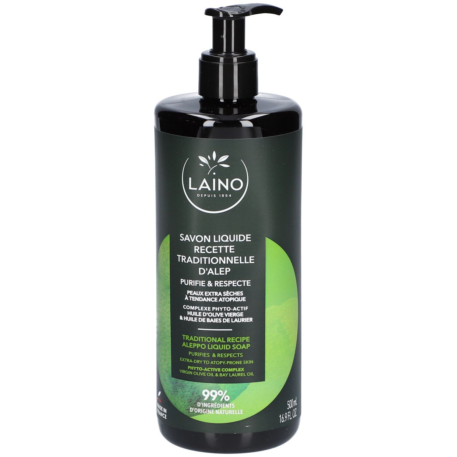 Flacon vert avec pompe noire. Inscription: LAINO, Savon liquide, Recette Traditionnelle d'Alep. 99% ingrédients d'origine naturelle.