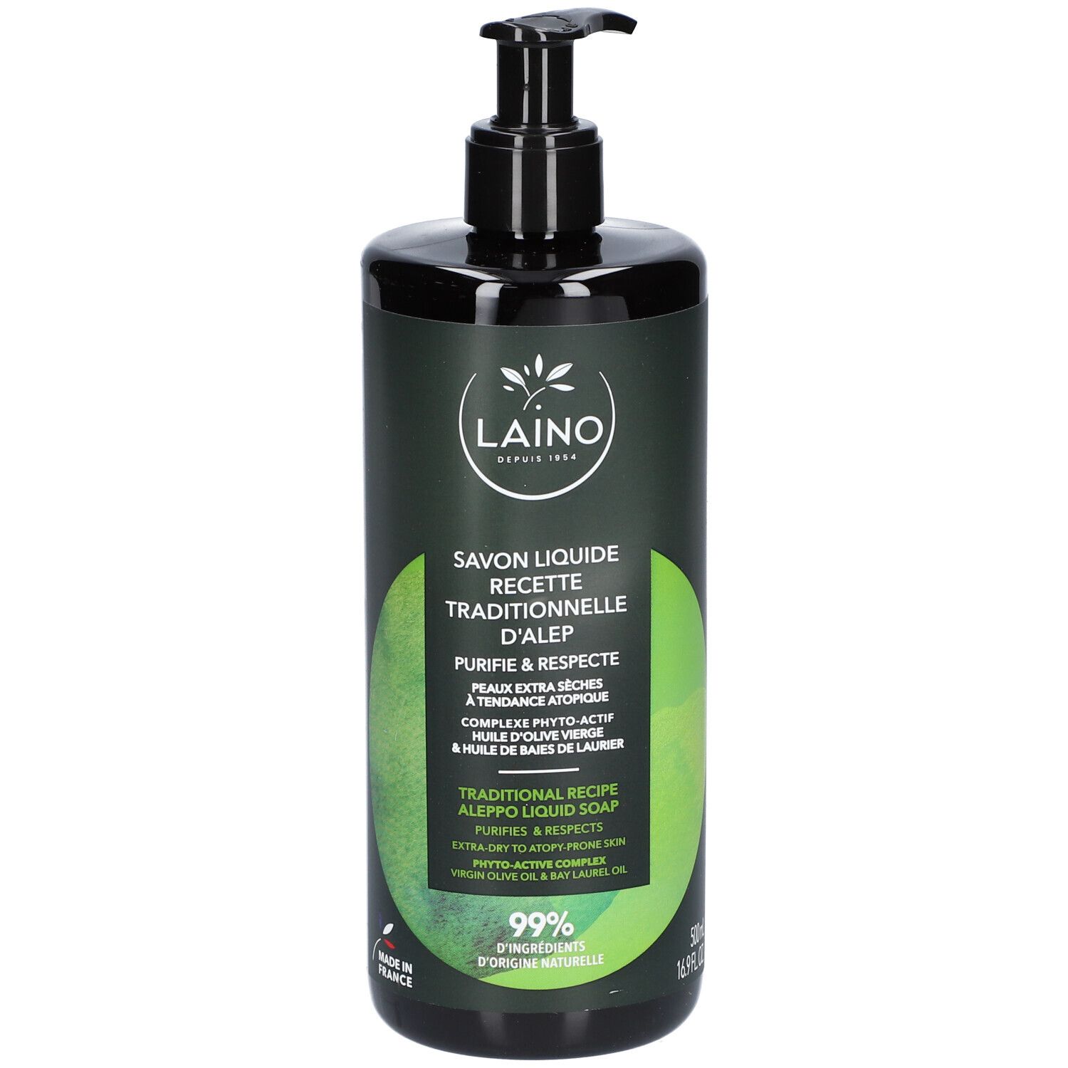 Flacon vert avec pompe noire. Inscription: LAINO, Savon liquide, Recette Traditionnelle d'Alep. 99% ingrédients d'origine naturelle.