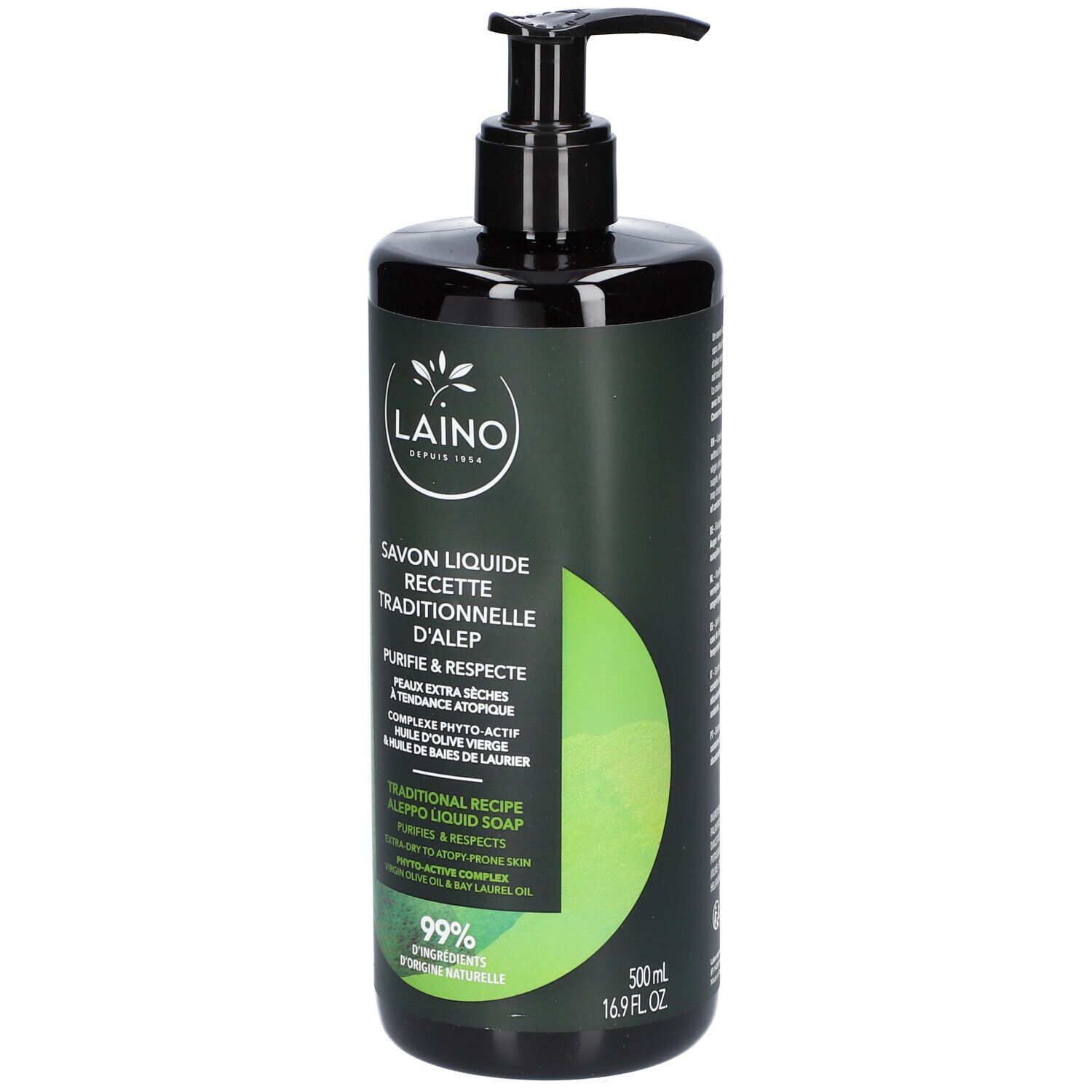 Flacon vert avec pompe noire. Inscription: LAINO, Savon liquide, Recette Traditionnelle d'Alep. 500ml, 16.9 fl.oz.