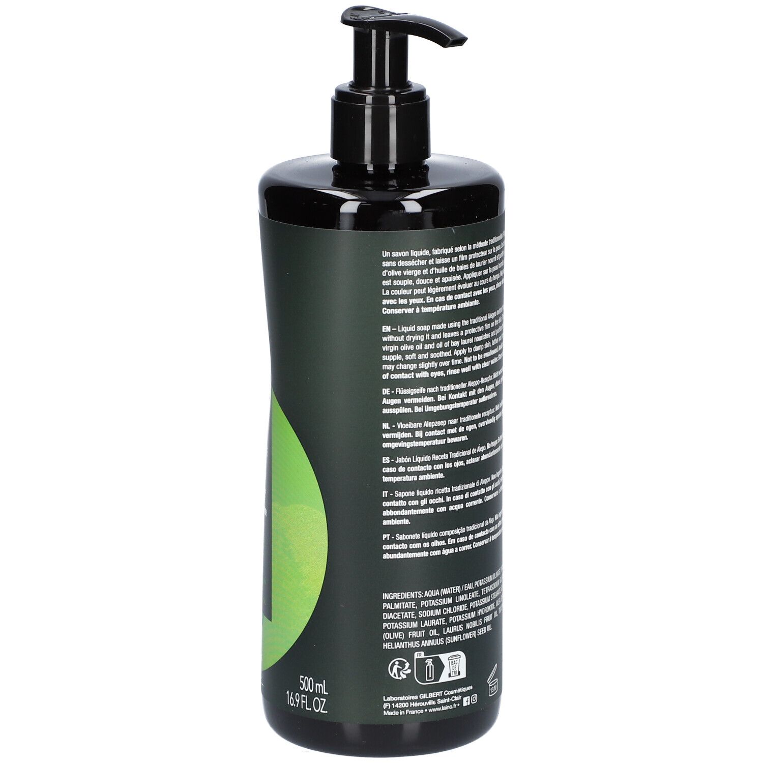 Dos du flacon vert avec pompe noire. Texte en plusieurs langues. Inscription: LAINO, Savon liquide, Recette Traditionnelle d'Alep. 500ml, 16.9 fl.oz.