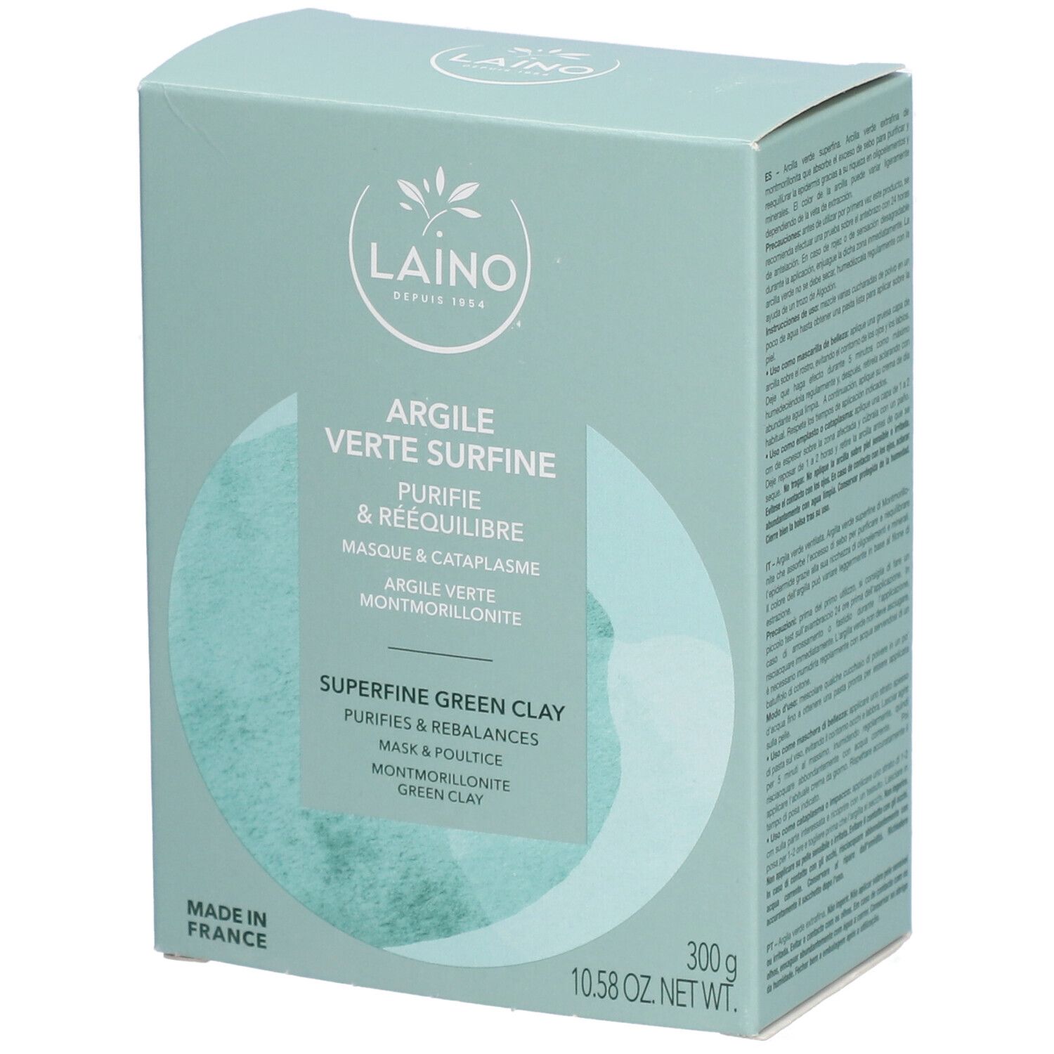 Boîte vert clair avec informations produit. Inscription: LAINO, Argile Verte Surfine, 300g. Fabriqué en France.