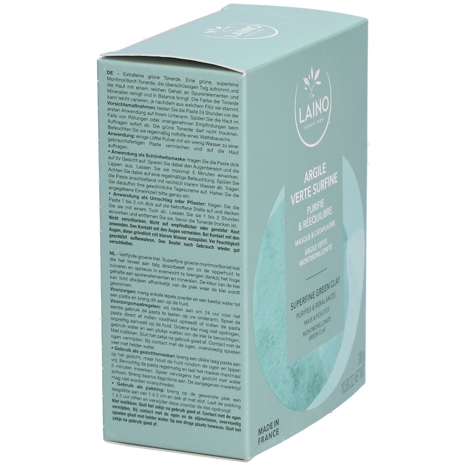 Emballage produit avec texte en allemand. Contient des informations sur l'utilisation et les ingrédients. Marque: LAINO.