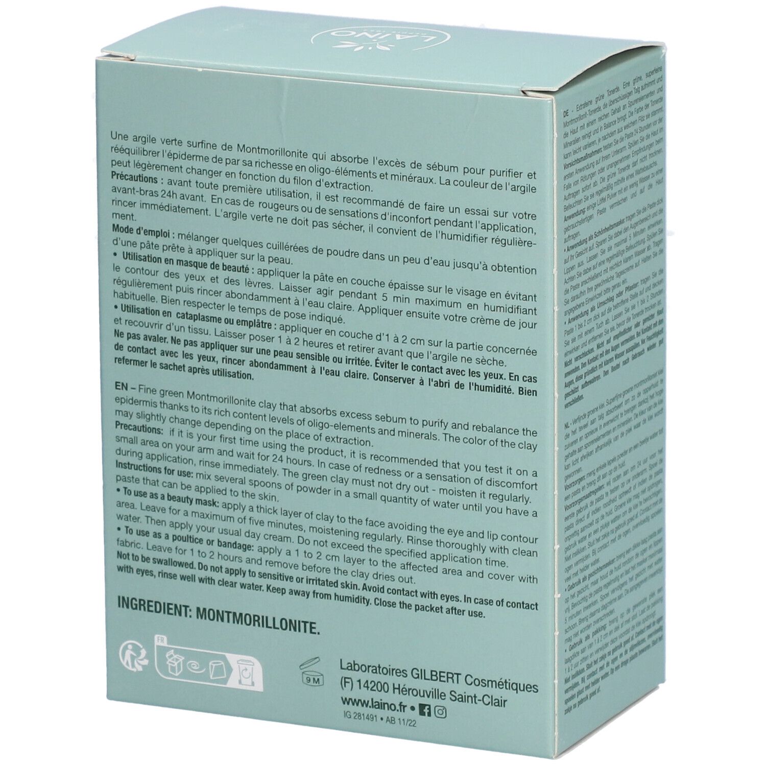 Dos de l'emballage du produit avec texte en français, anglais, italien et néerlandais. Ingrédients: Montmorillonite.