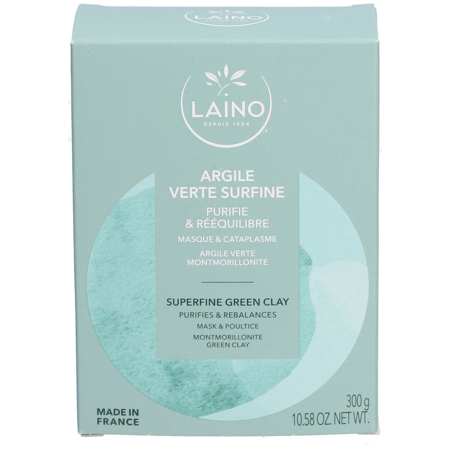 Boîte vert clair avec informations produit. Inscription: LAINO, Argile Verte Surfine, 300g. Fabriqué en France.