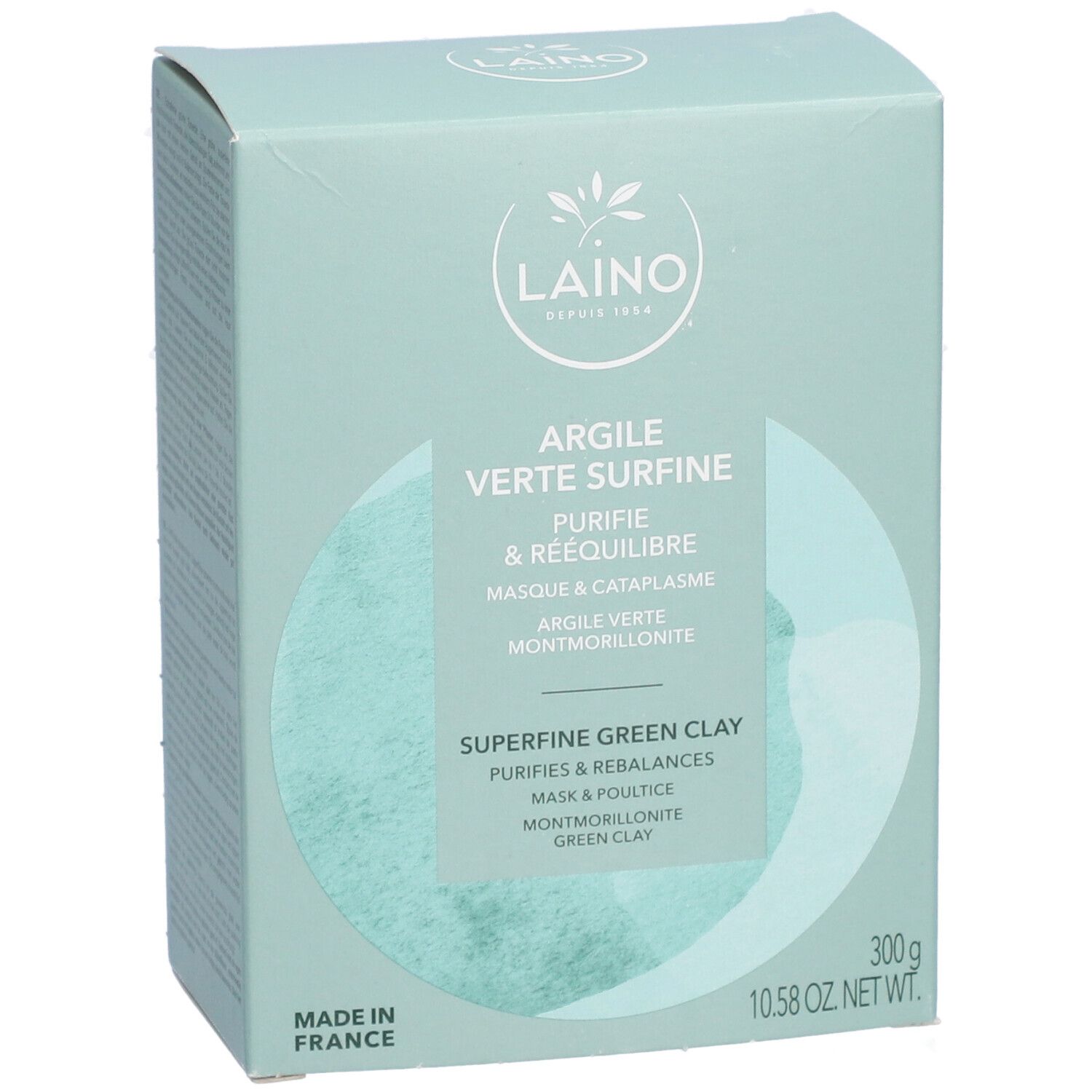 Boîte vert clair avec informations produit. Inscription: LAINO, Argile Verte Surfine, 300g. Fabriqué en France.