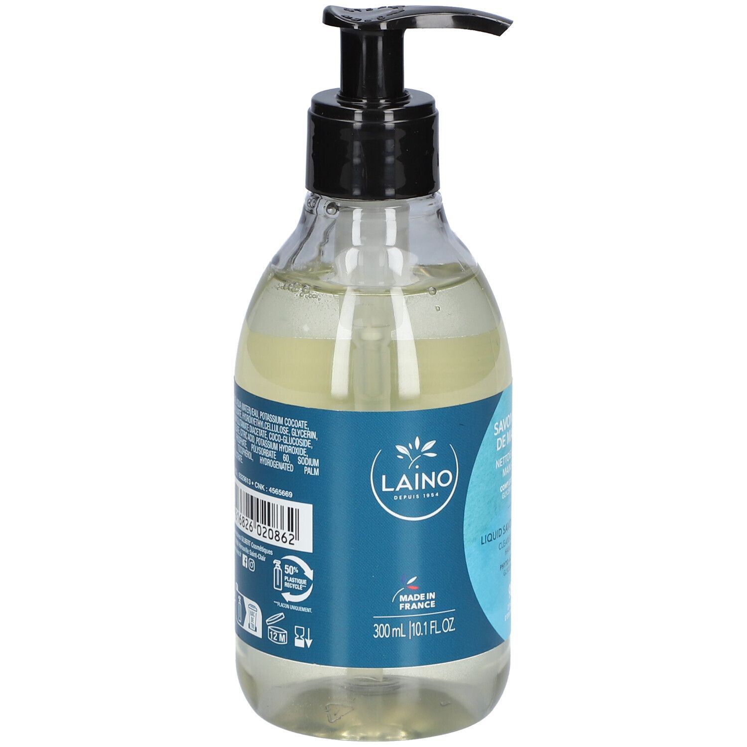 Vue arrière du flacon avec informations produit et ingrédients. Logo LAINO et origine France.