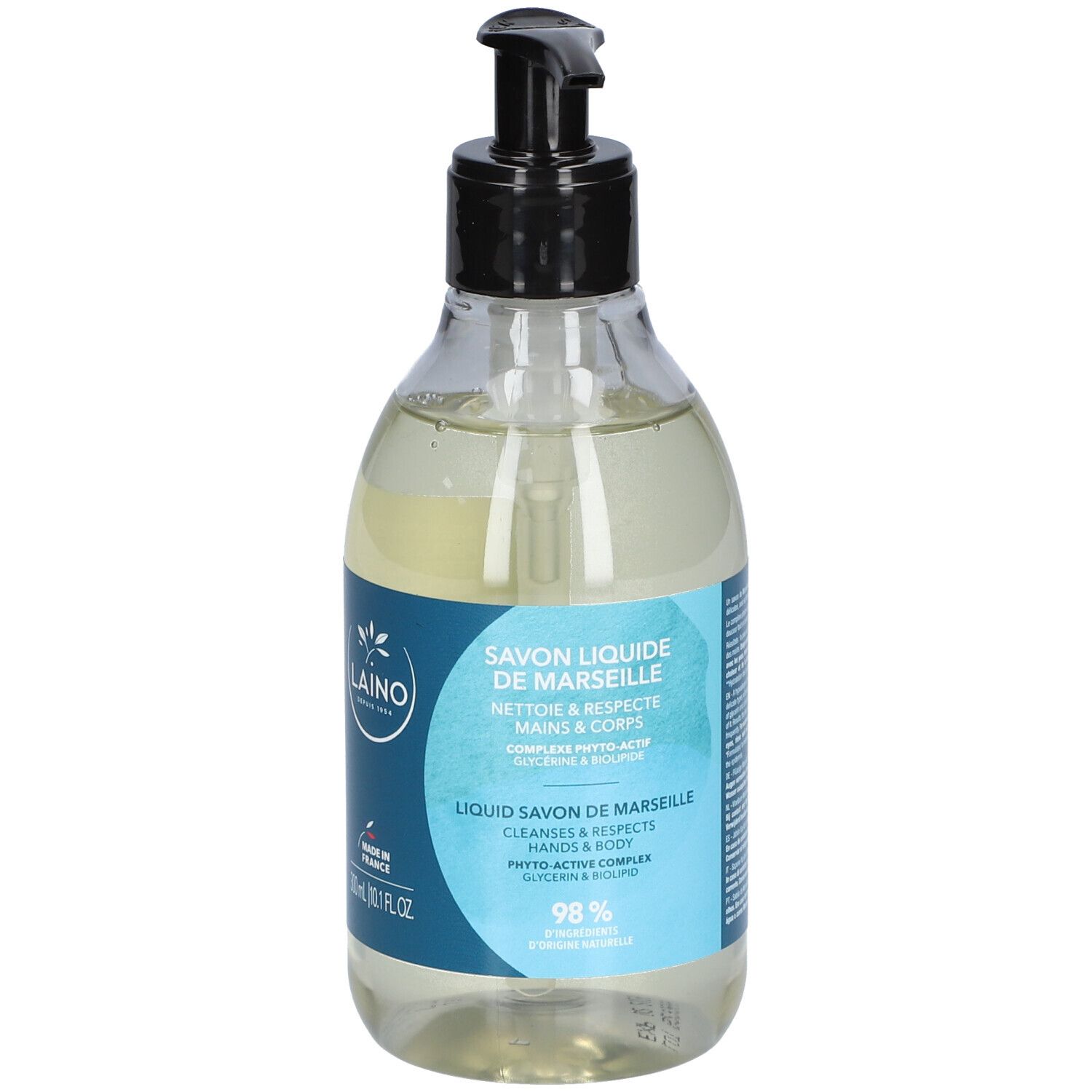 Flacon transparent avec pompe noire. Étiquette bleu et blanc avec nom du produit et logo. 98% ingrédients d'origine naturelle.
