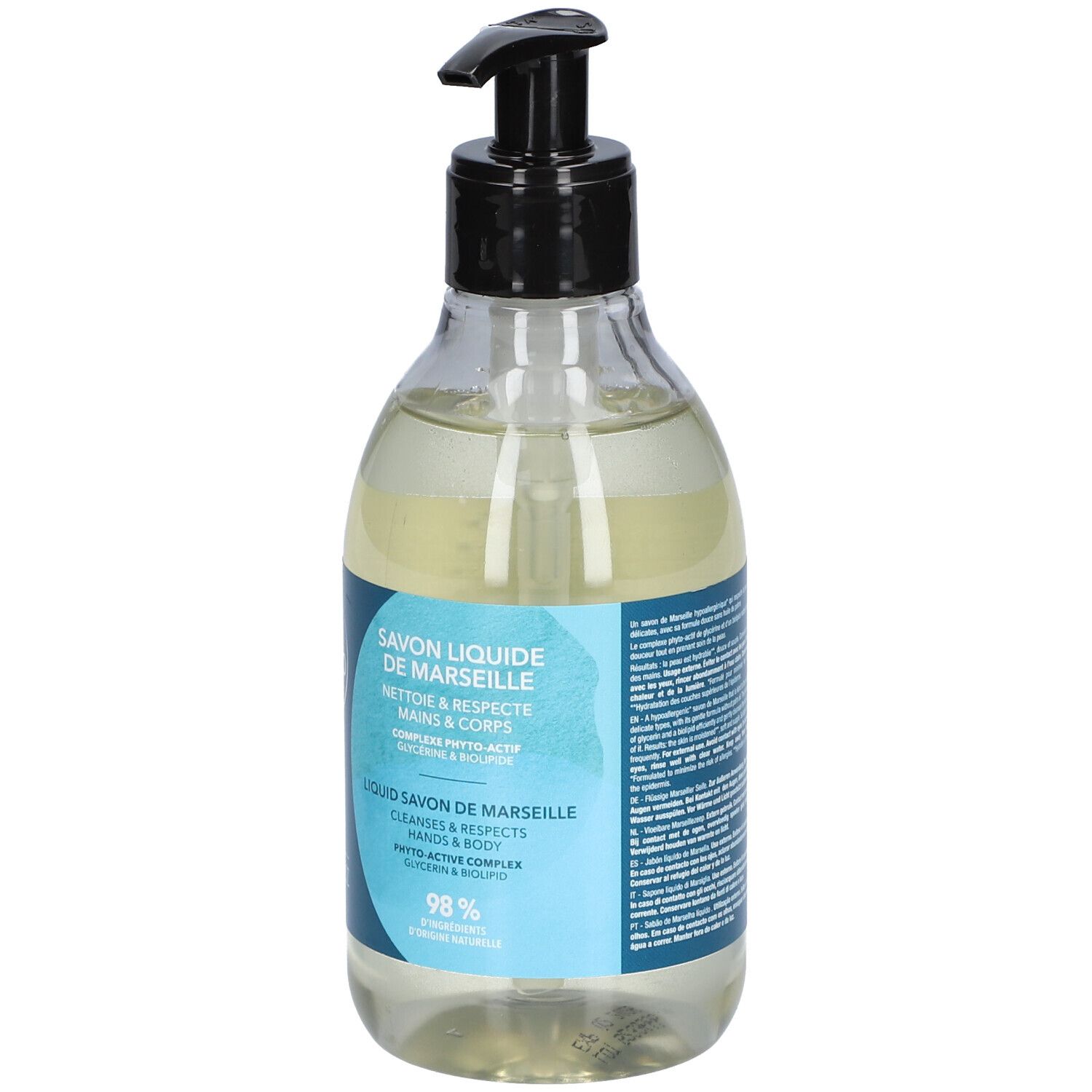 Flacon transparent avec pompe noire. Étiquette bleu et blanc avec informations produit et logo. 98% ingrédients naturels.