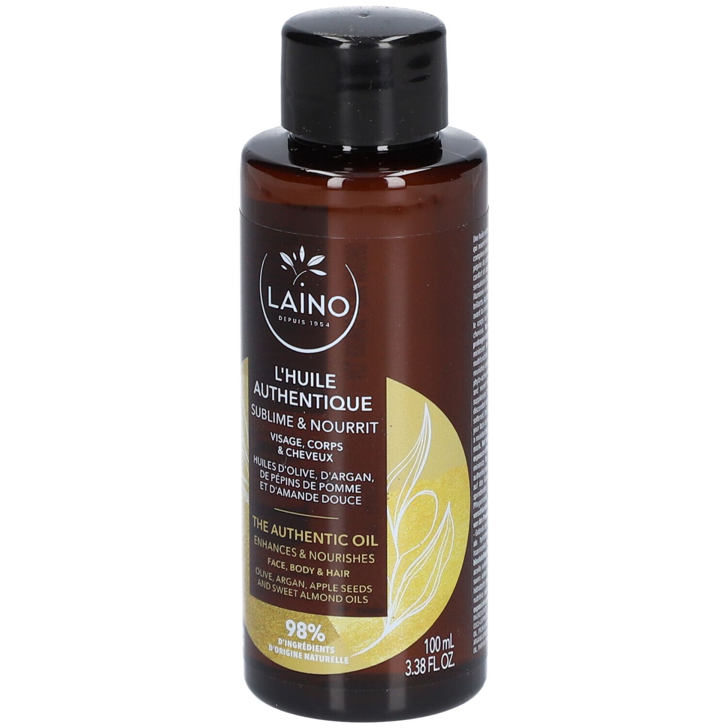 Bruine fles met zwarte dop. Opschrift: LAINO, L'HUILE AUTHENTIQUE. Bevat olijf-, argan-, appelpit- en zoete amandeloliën. 100ml.