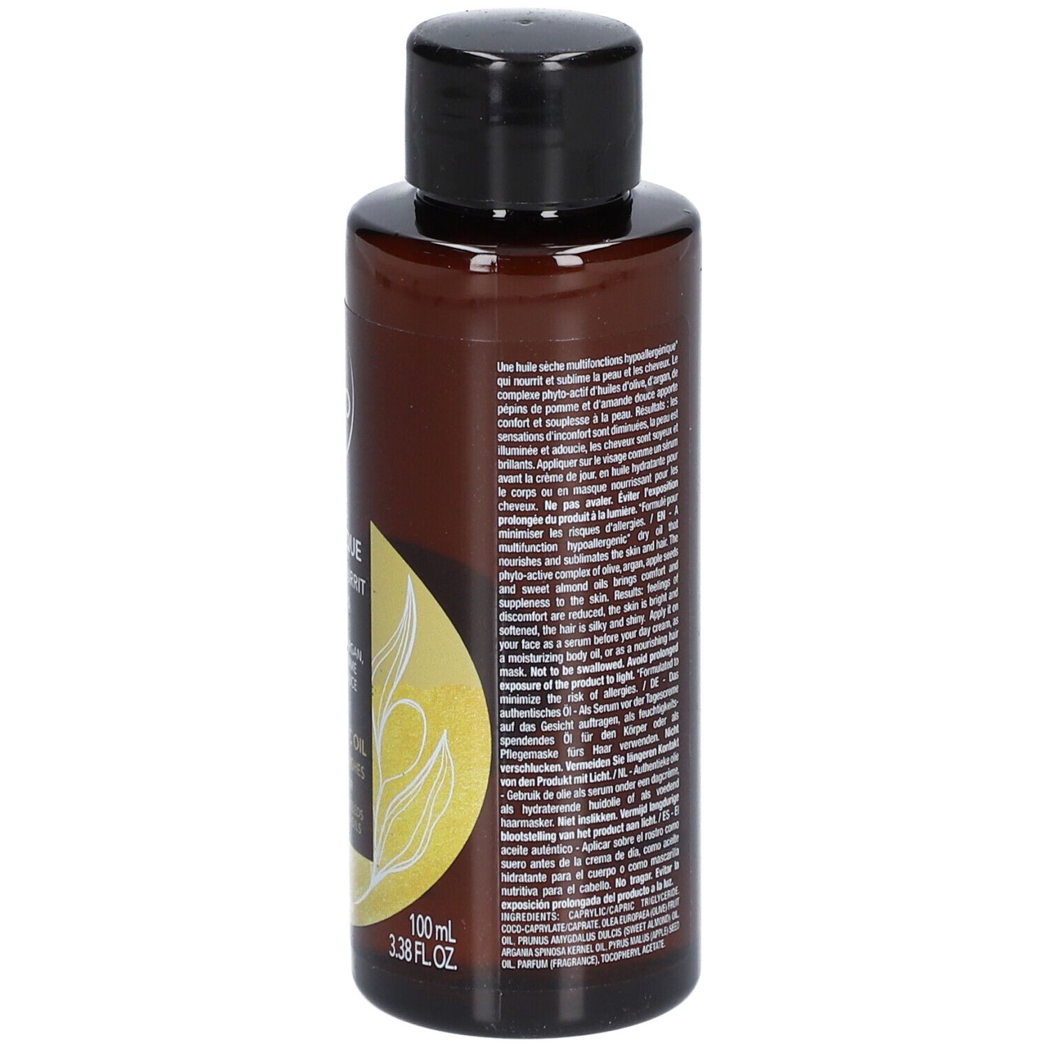 Achterkant van een bruine fles met zwarte dop. Tekst met ingrediënten en gebruiksaanwijzing. 100ml.