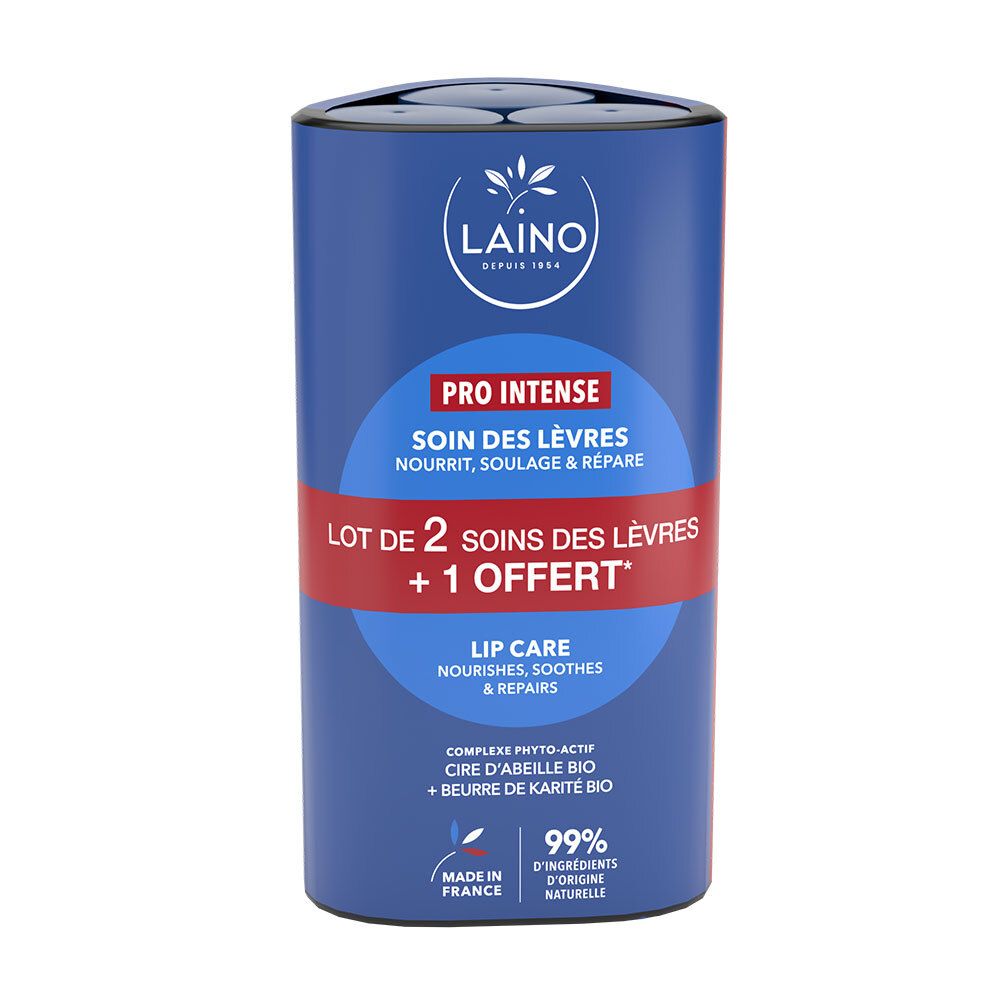 Zylindrische Verpackung mit LAINO-Logo und Produktbezeichnung "PRO INTENSE Soin des lèvres". Enthält 2 Lippenpflegeprodukte + 1 gratis.
