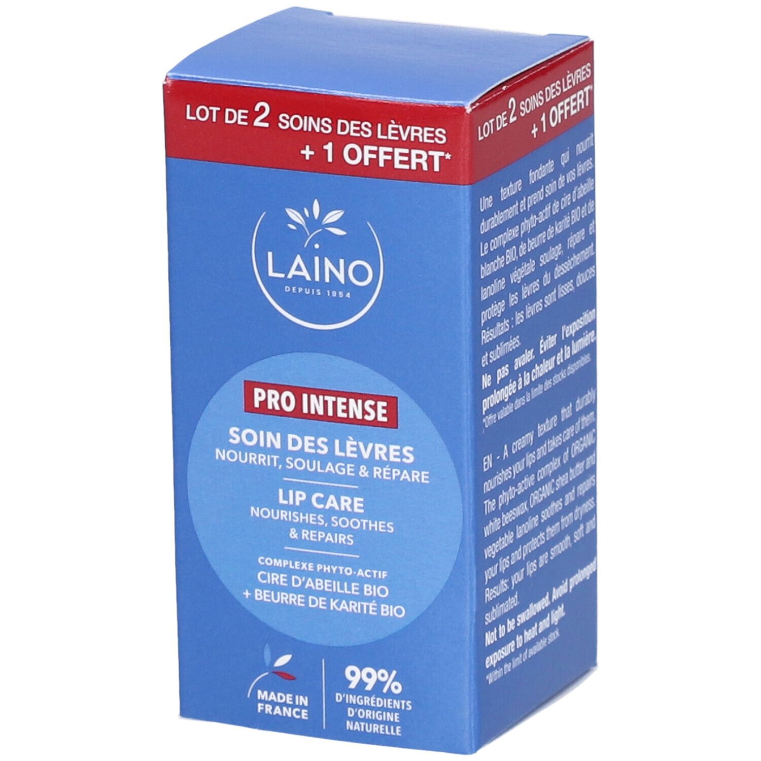 Blaue Verpackung mit Produktinformationen. Oben steht "LOT DE 2 SOINS DES LÈVRES + 1 OFFERT". Das Logo "LAINO" ist sichtbar.