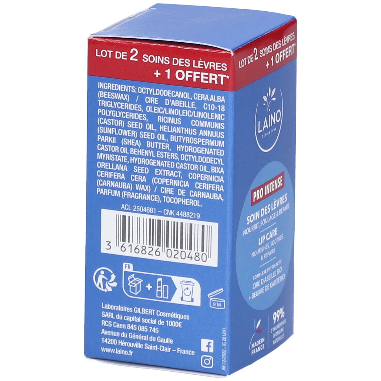 Rückseite der blauen Verpackung. Enthält Inhaltsstoffe, Barcode und Herstellerinformationen. "LOT DE 2 SOINS DES LÈVRES + 1 OFFERT" oben.