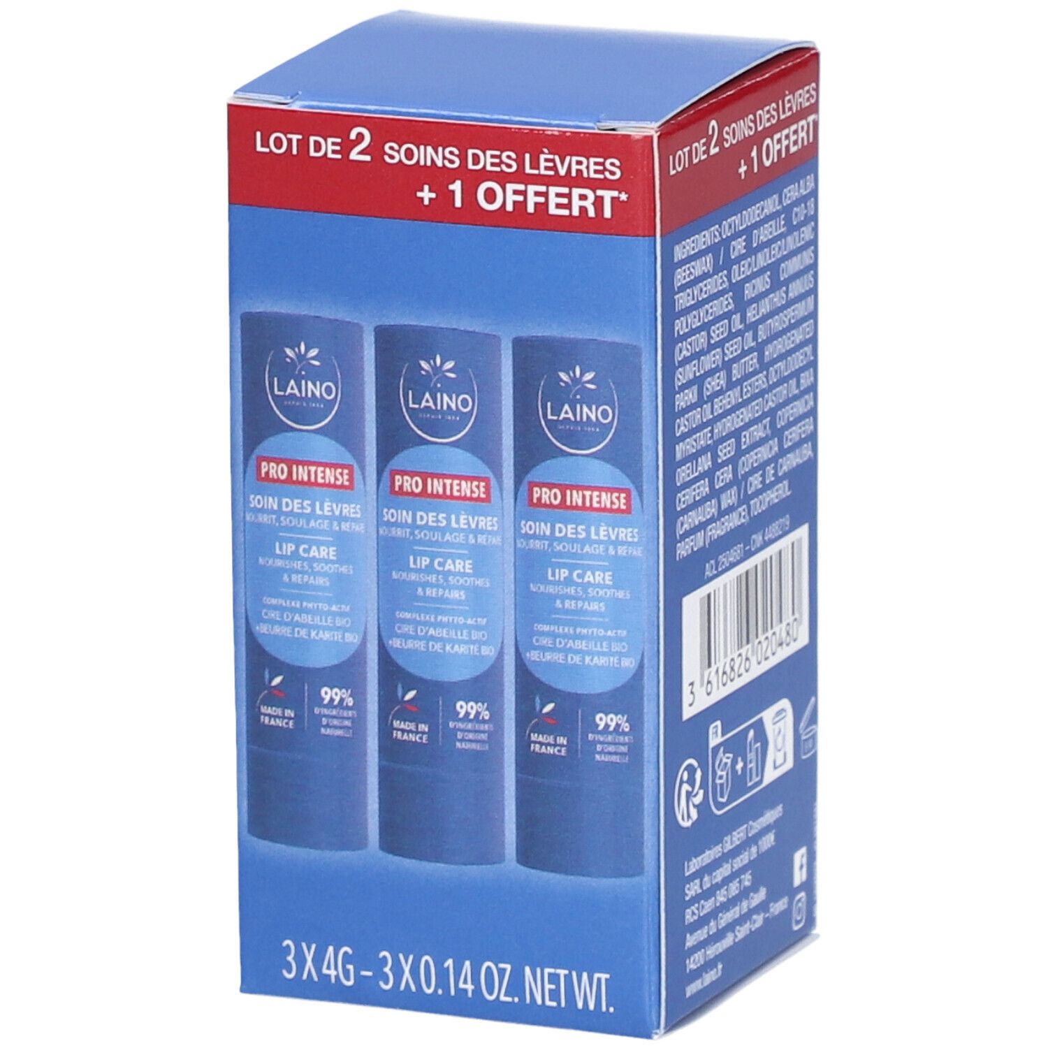 Verpackung mit drei Lippenpflegeprodukten. Blaue Verpackung mit Produktnamen und Logo. "3 x 4G - 3 x 0.14 OZ. NET" steht unten.