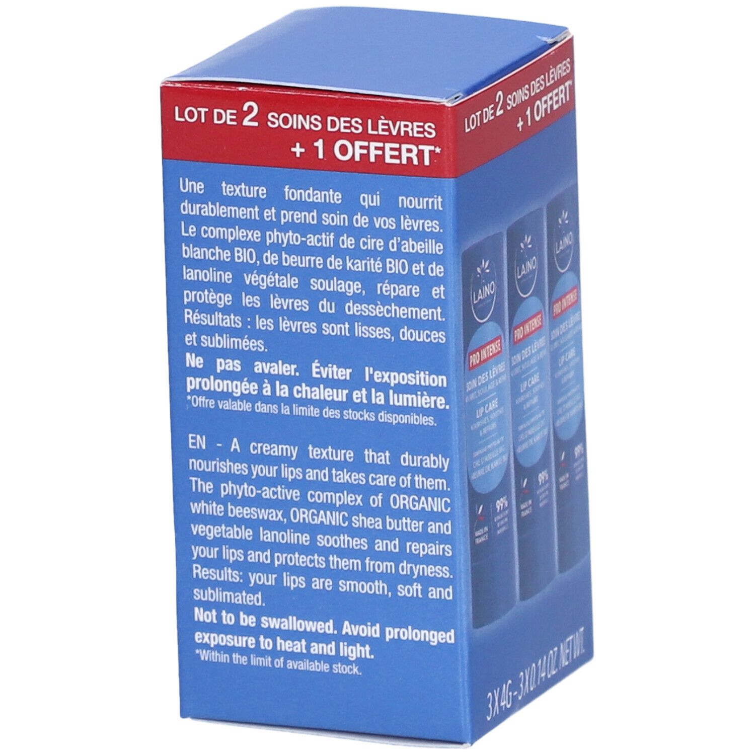 Rückseite der Verpackung mit drei Lippenpflegeprodukten. Text und Produktinformationen. "3 x 4G - 3 x 0.14 OZ. NET" steht unten.