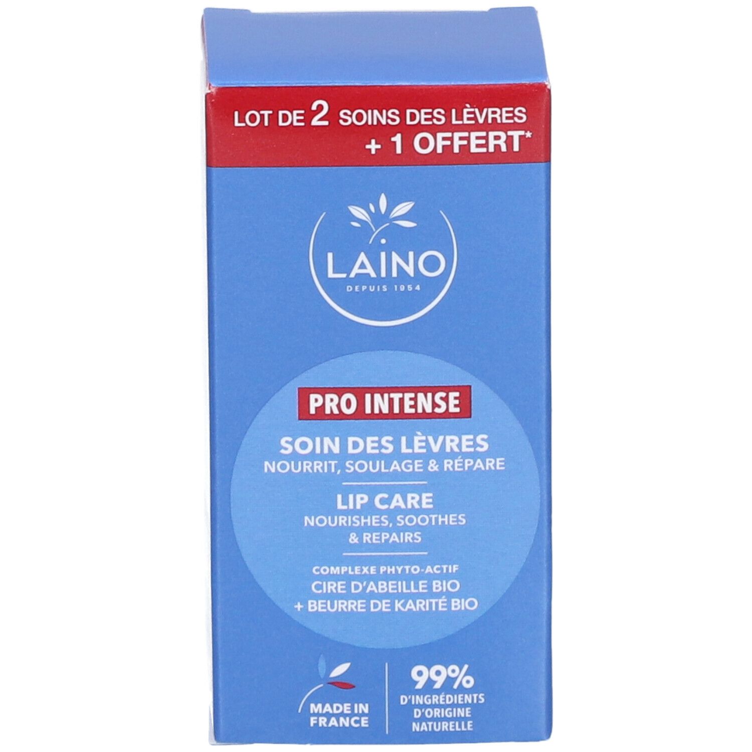 Blaue Verpackung mit Produktnamen und Logo. "LAINO" und "PRO INTENSE SOIN DES LÈVRES" sind sichtbar. "99% d'ingrédients d'origine naturelle".