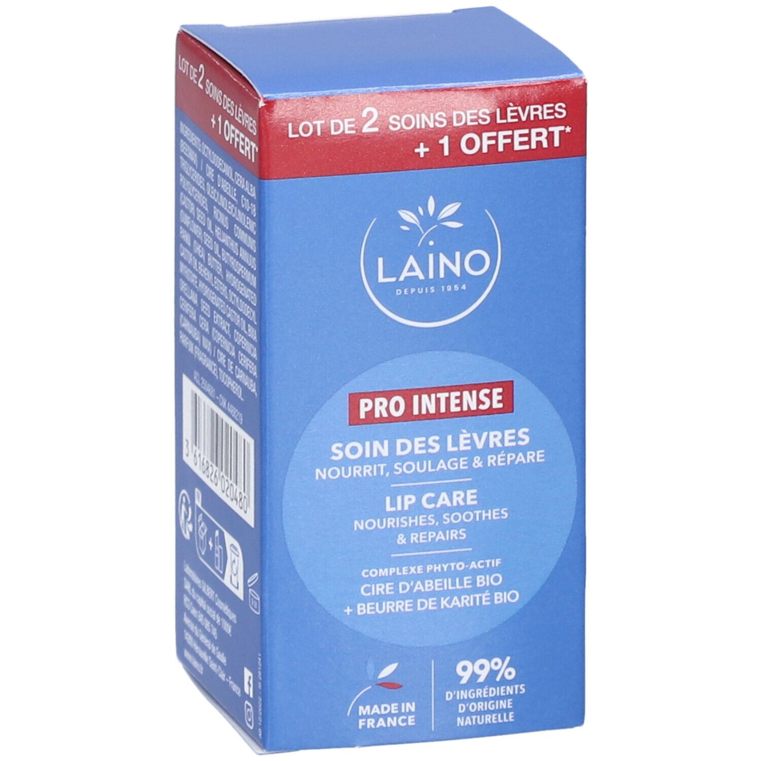 Blaue Verpackung mit Produktnamen und Logo. "LAINO" und "PRO INTENSE SOIN DES LÈVRES" sind sichtbar. "99% d'ingrédients d'origine naturelle".