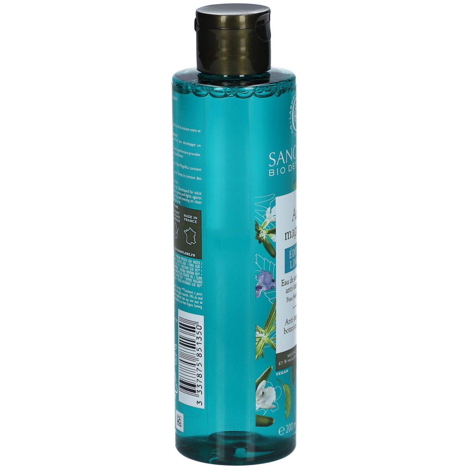 Flacon Sanoflore Aqua Magnifica. Dos avec texte et code-barres. Liquide turquoise.