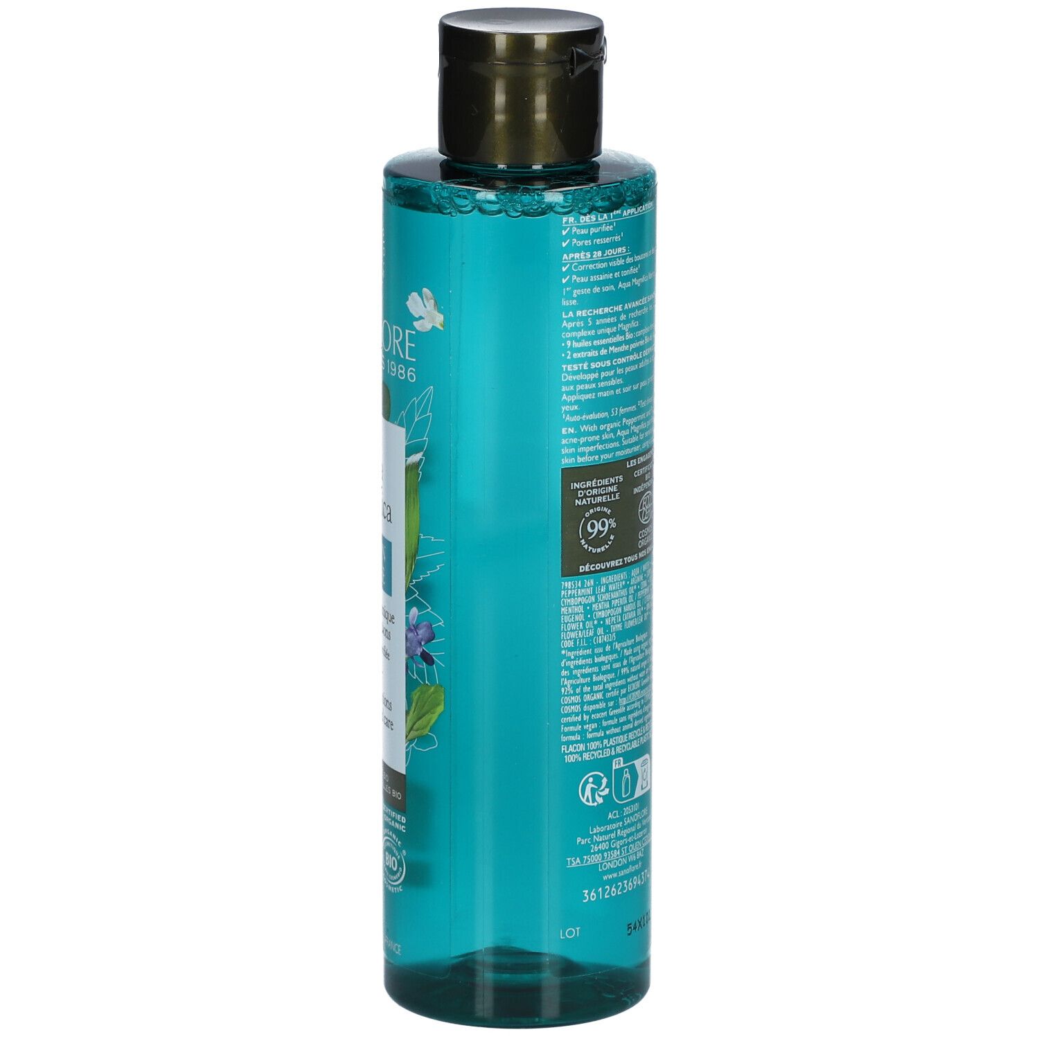 Flacon Sanoflore Aqua Magnifica. Dos avec texte, logos et code-barres. Liquide turquoise.