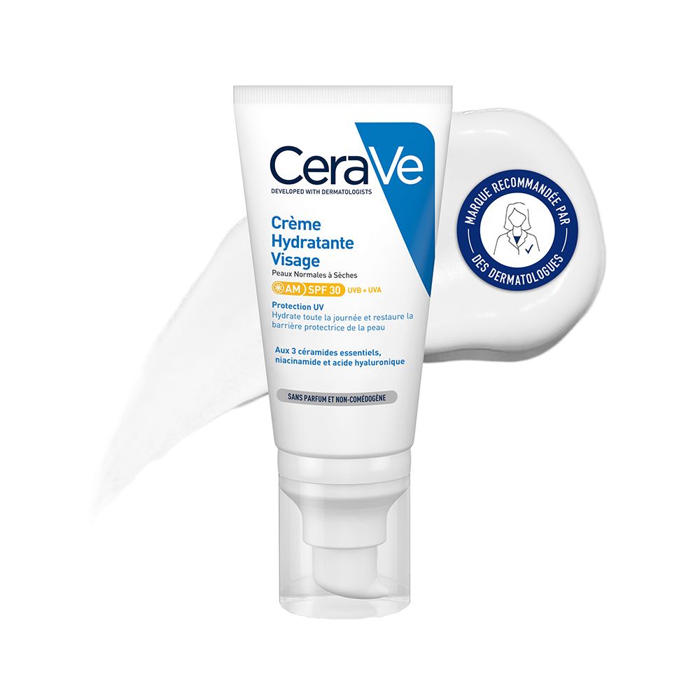 Tube blanc de crème CeraVe. Accents bleus. Texte : Crème Hydratante Visage, SPF 30. Marque dermatologique.