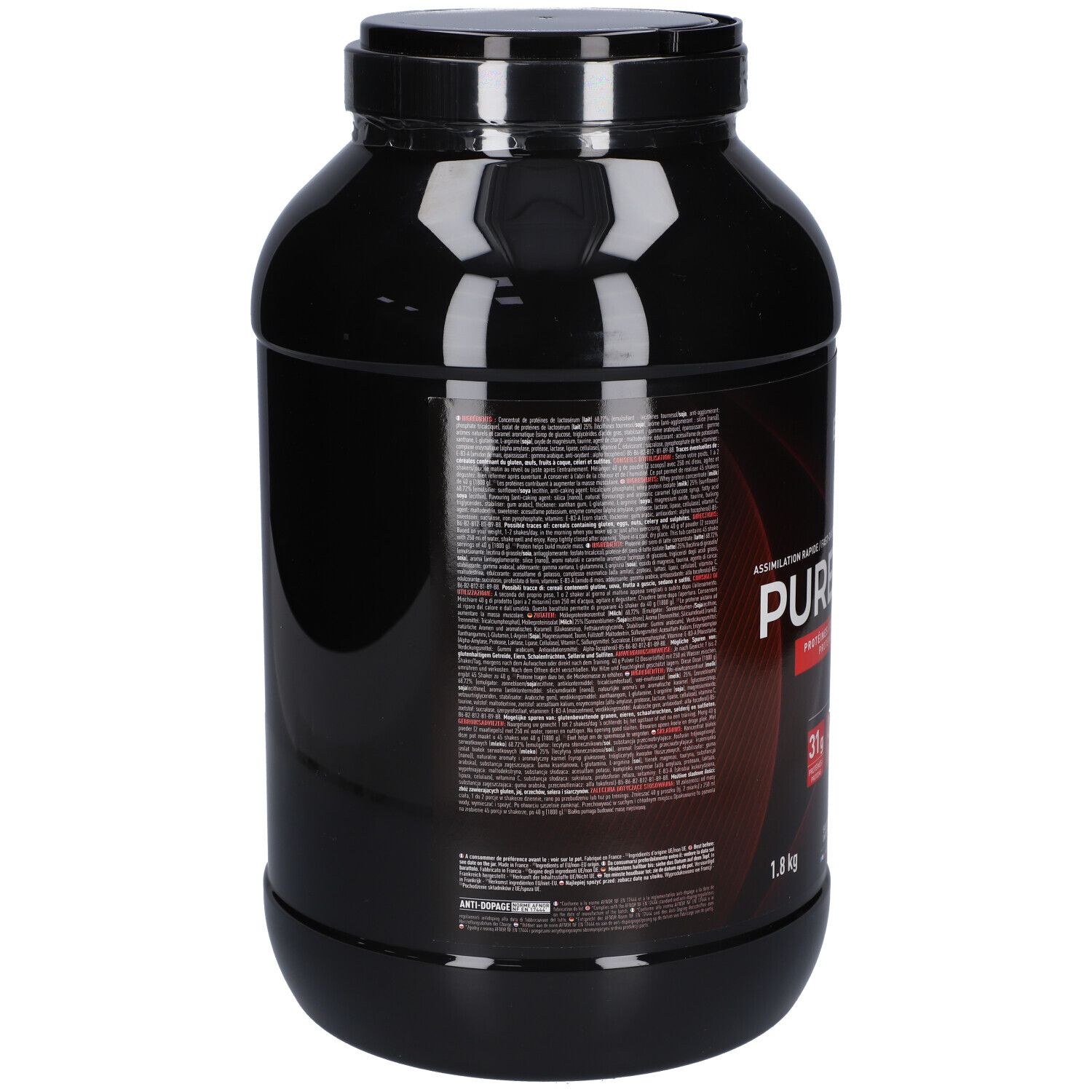 Schwarze Dose mit Text auf der Rückseite. Enthält Informationen zu EA-FIT Pure Whey. 1,8 kg. Roter Hintergrund.