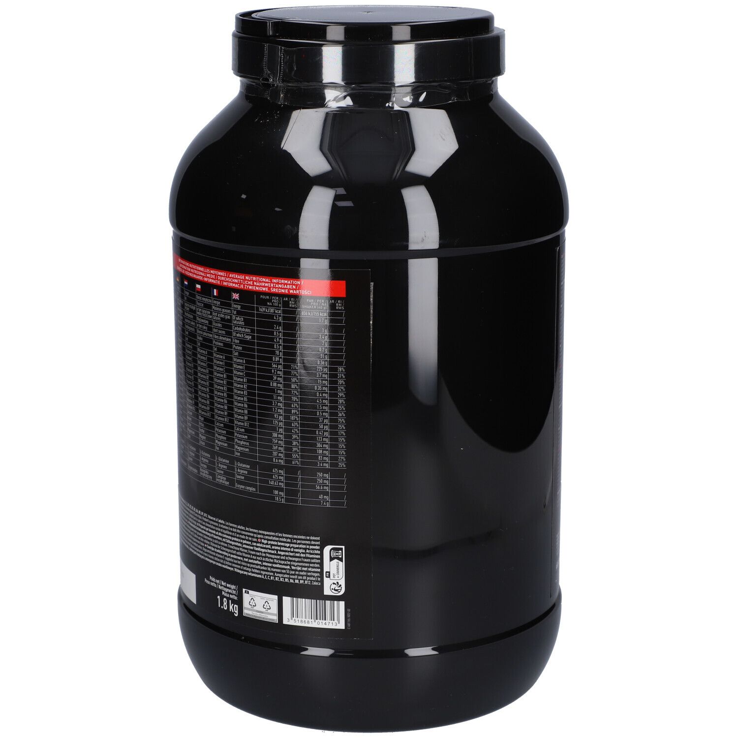 Schwarze Dose mit Text auf der Rückseite. Enthält Informationen zu EA-FIT Pure Whey. 1,8 kg.