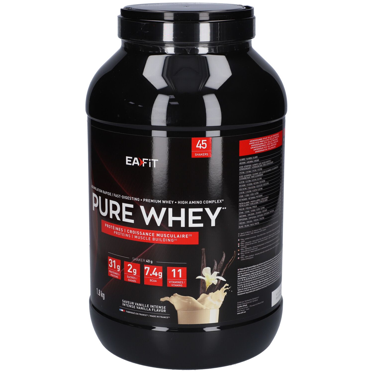 Schwarze Dose mit EA-FIT Pure Whey. Aufschrift: Pure Whey, 1,8 kg, Vanille-Geschmack. Abbildung von Vanille und Milch.