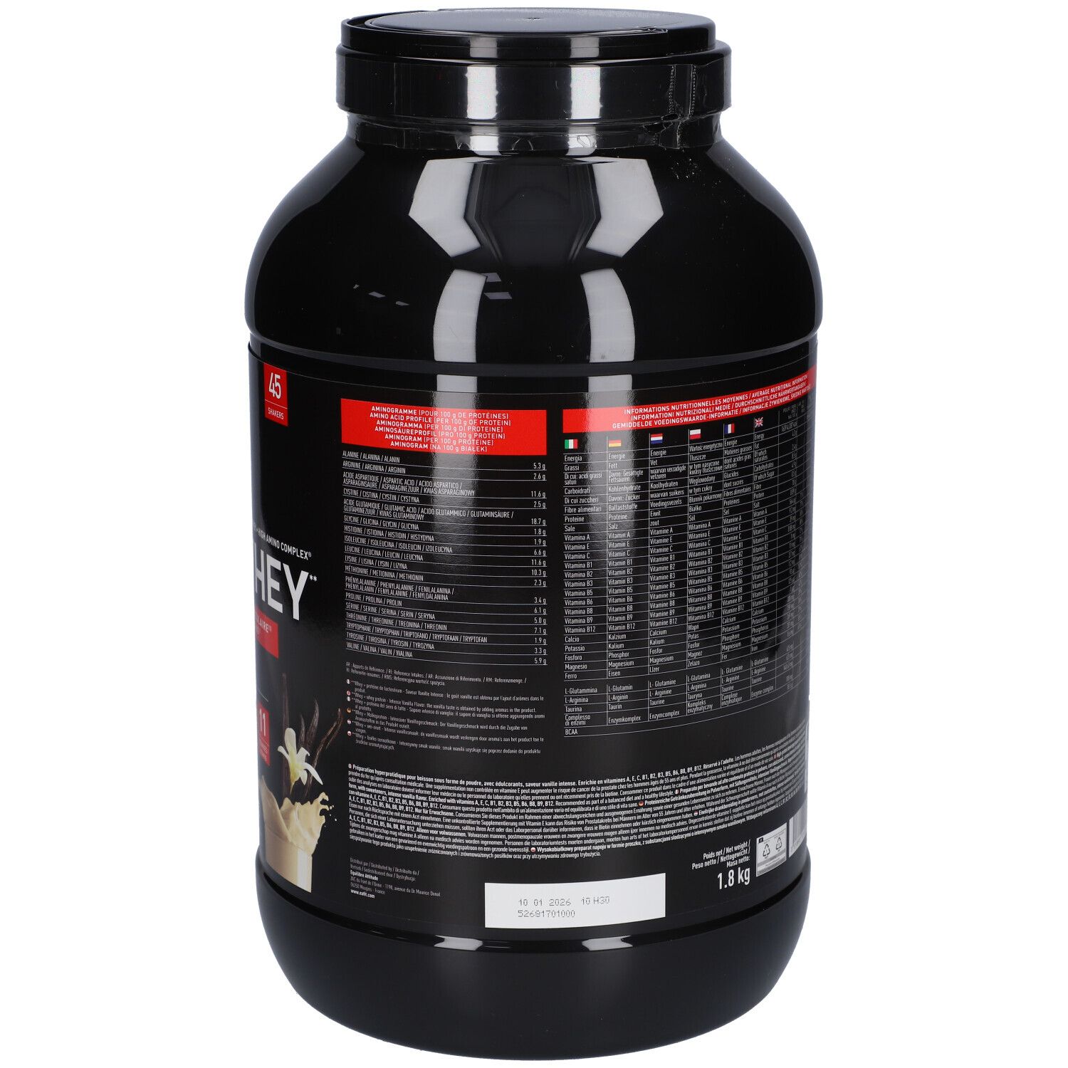 Schwarze Dose mit Text auf der Rückseite. Enthält Informationen zu EA-FIT Pure Whey. 1,8 kg. Roter Hintergrund.