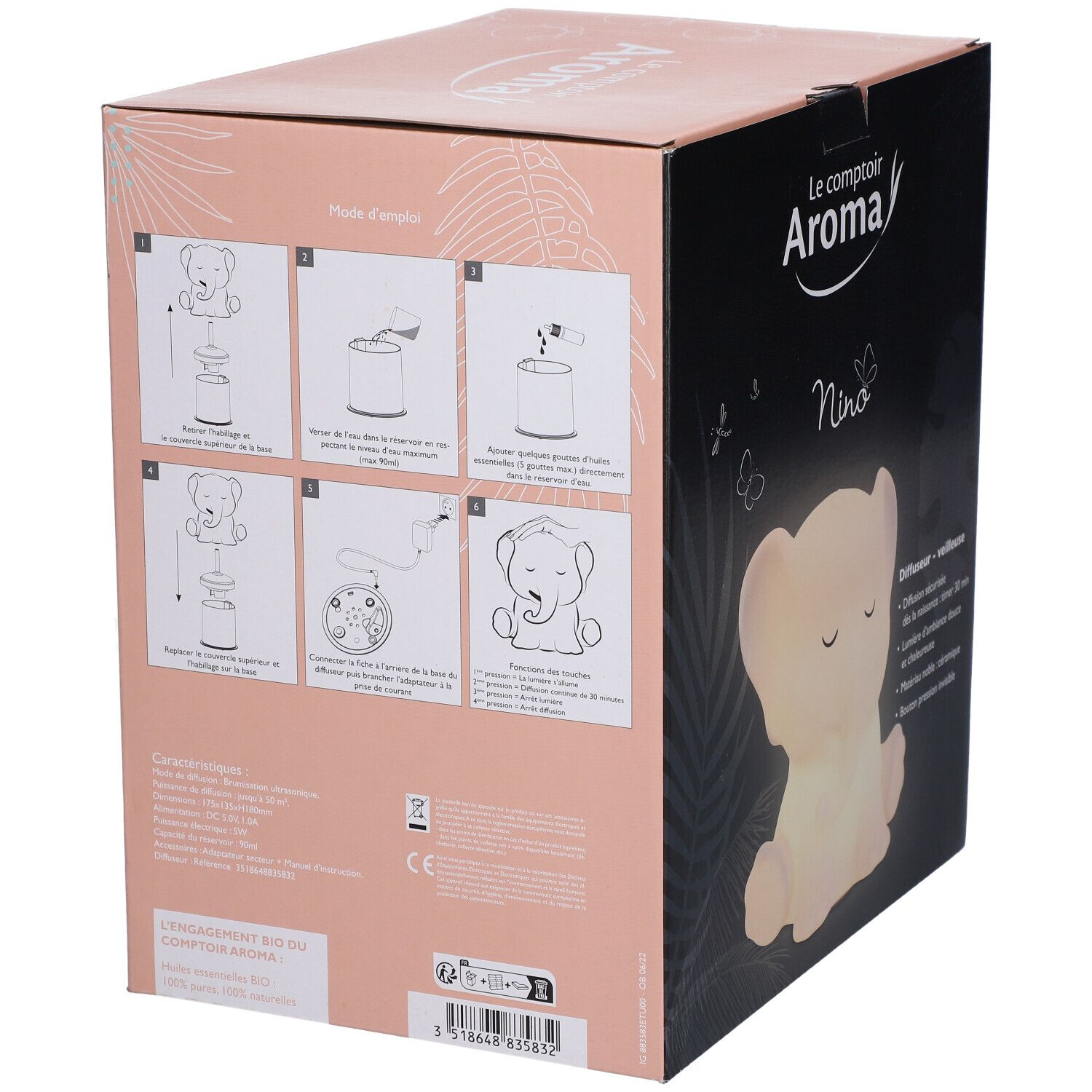 Dos de la boîte du diffuseur veilleuse NINO. Illustrations d'utilisation. Logo: Le comptoir Aroma. Instructions en images.