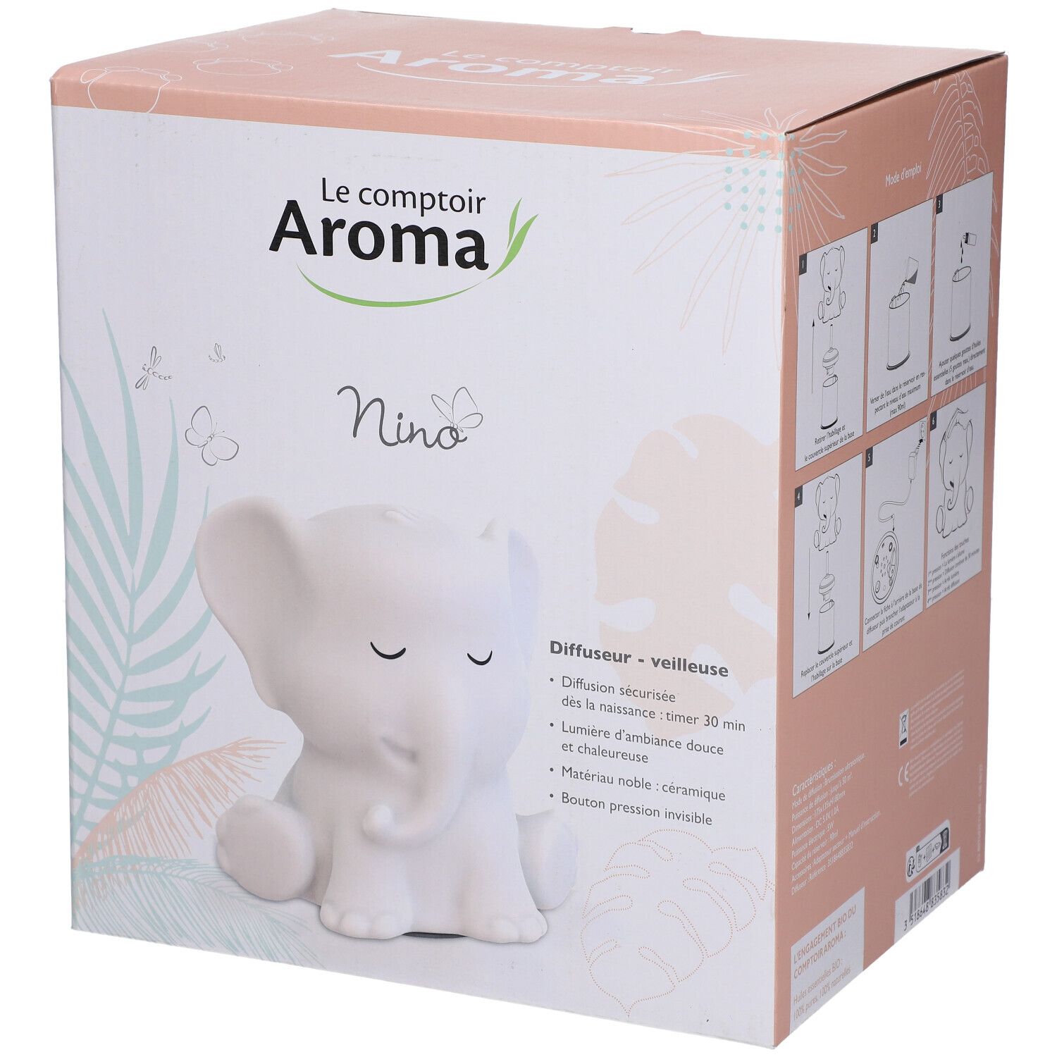 Boîte du diffuseur veilleuse NINO. Rose et blanc. Image du produit. Logo: Le comptoir Aroma. Forme d'éléphant.