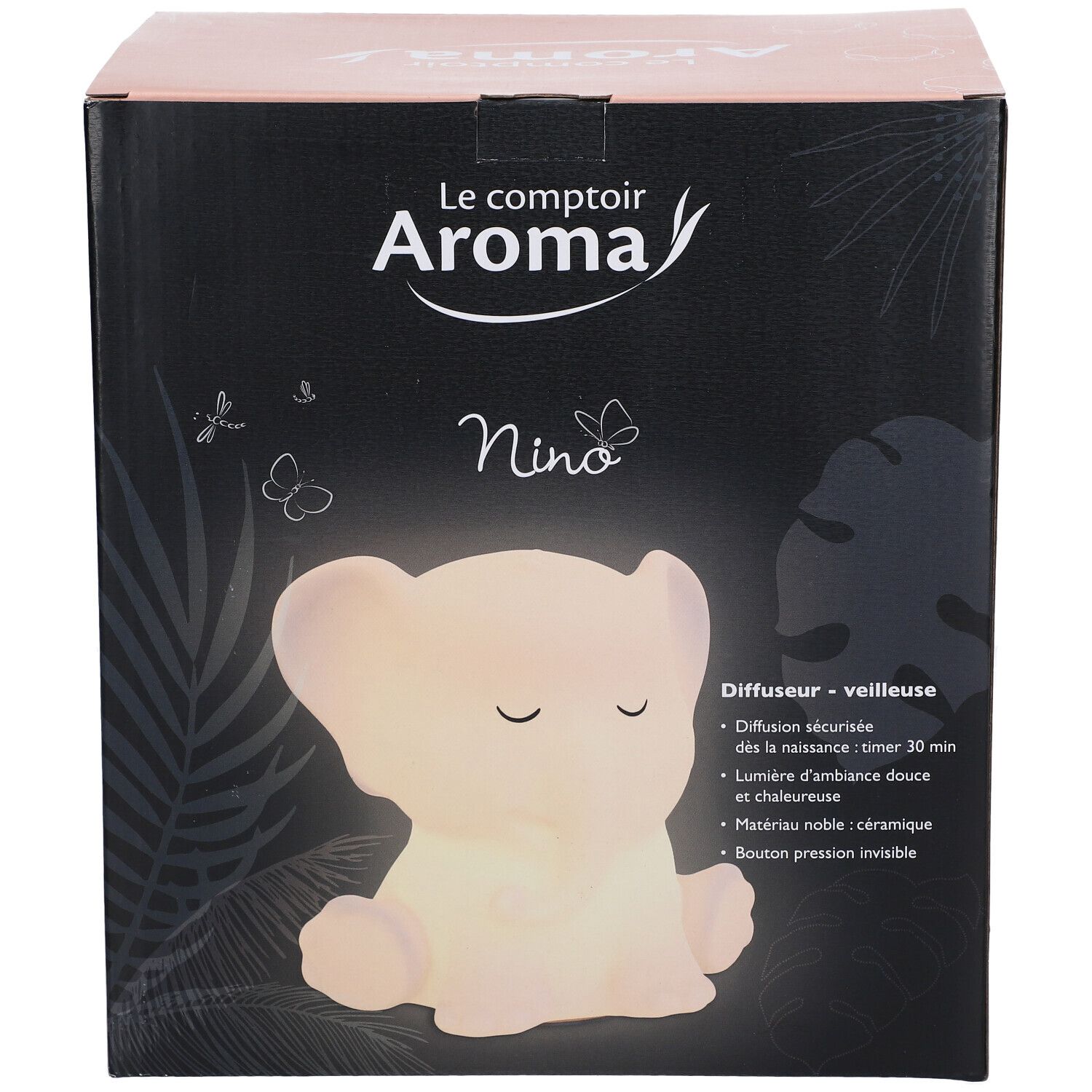 Diffuseur veilleuse NINO sur carton noir. Logo: Le comptoir Aroma. Forme d'éléphant, lumineux.