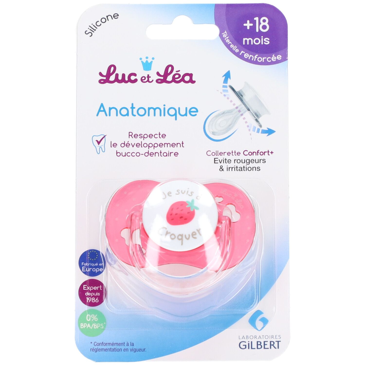 Sucette anatomique rose, emballée. Motif fraise et texte "Je suis à croquer". Marque Luc et Léa. Recommandé pour +18 mois.