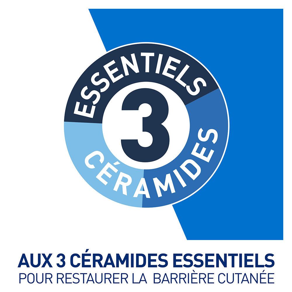 Logo circulaire avec texte: 3 CÉRAMIDES ESSENTIELS. Texte: AUX 3 CÉRAMIDES ESSENTIELS POUR RESTAURER LA BARRIÈRE CUTANÉE.