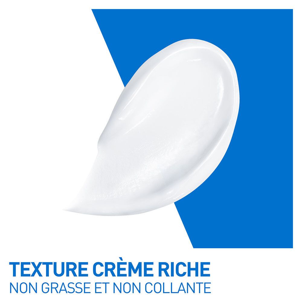 Texture crème blanche sur fond bleu. Texte: TEXTURE CRÈME RICHE NON GRASSE ET NON COLLANTE.