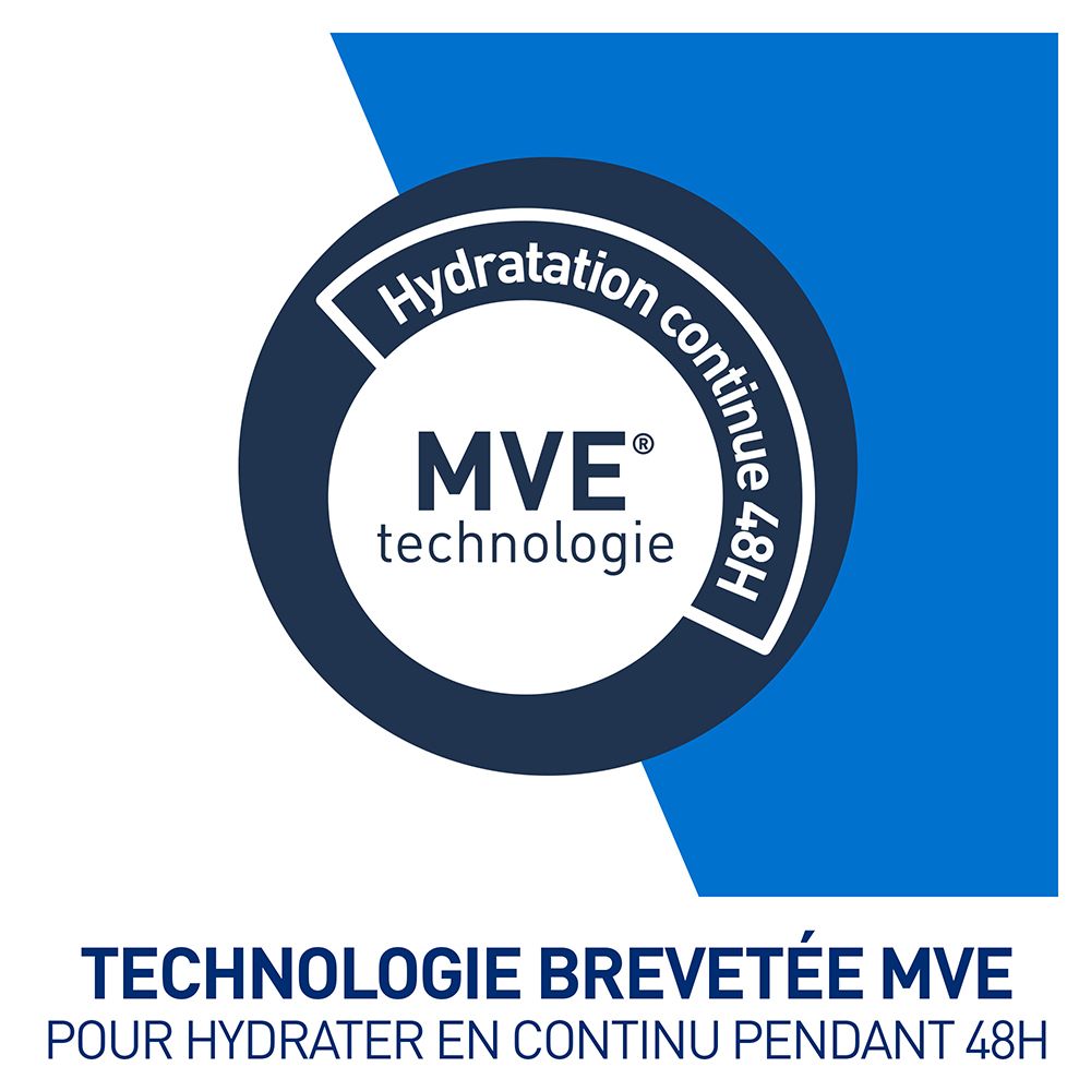 Logo circulaire avec texte: Hydratation continue 48H. MVE technologie. Texte: TECHNOLOGIE BREVETÉE MVE POUR HYDRATER EN CONTINU PENDANT 48H.