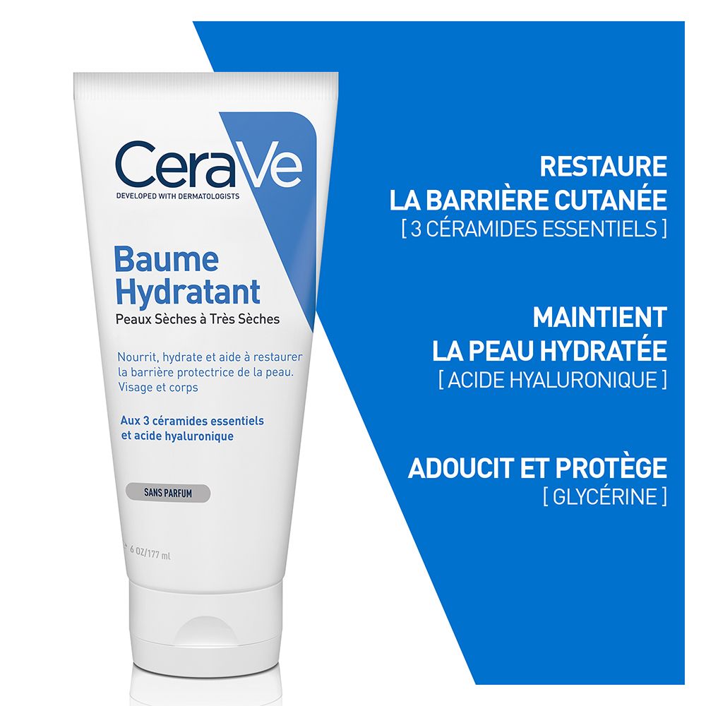 Tube blanc avec design bleu. Texte: Baume Hydratant, Peaux Sèches à Très Sèches. Texte: Aux 3 céramides essentiels et acide hyaluronique.