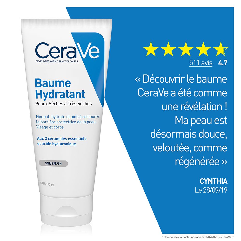 Tube blanc avec design bleu. Texte: Baume Hydratant, Peaux Sèches à Très Sèches. Citation et évaluation étoiles.