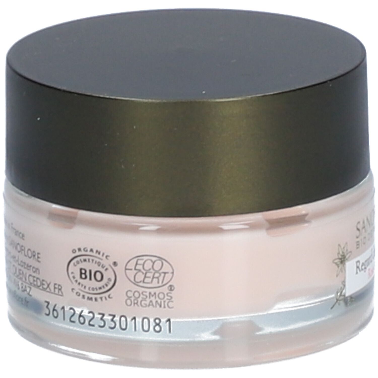 Dos du pot de crème. Inscription: SANOFLORE, BIO, COSMOS ORGANIC, ECO CERT. Numéro de lot et code-barres.