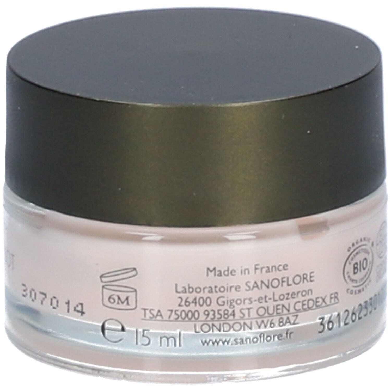 Pot de crème avec couvercle noir. Inscription: SANOFLORE, 15 ml. Lieu de production: France. Durée: 6M.