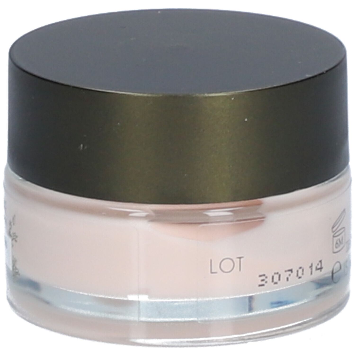 Pot de crème avec couvercle noir. Inscription: LOT, 307014, 6M. Crème rose visible.