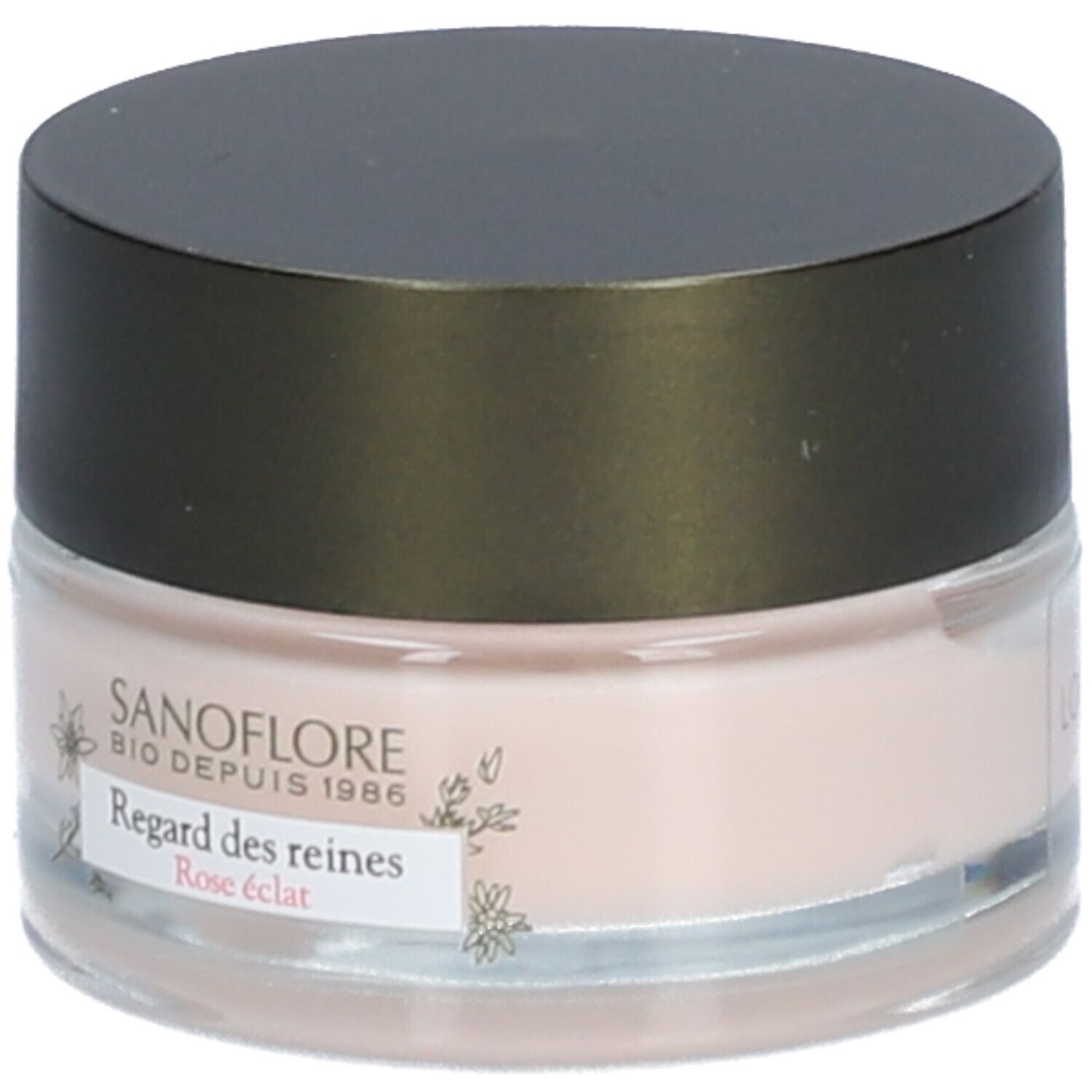Pot de crème avec couvercle noir. Inscription: SANOFLORE, Regard des reines, Rose éclat. Crème rose visible.