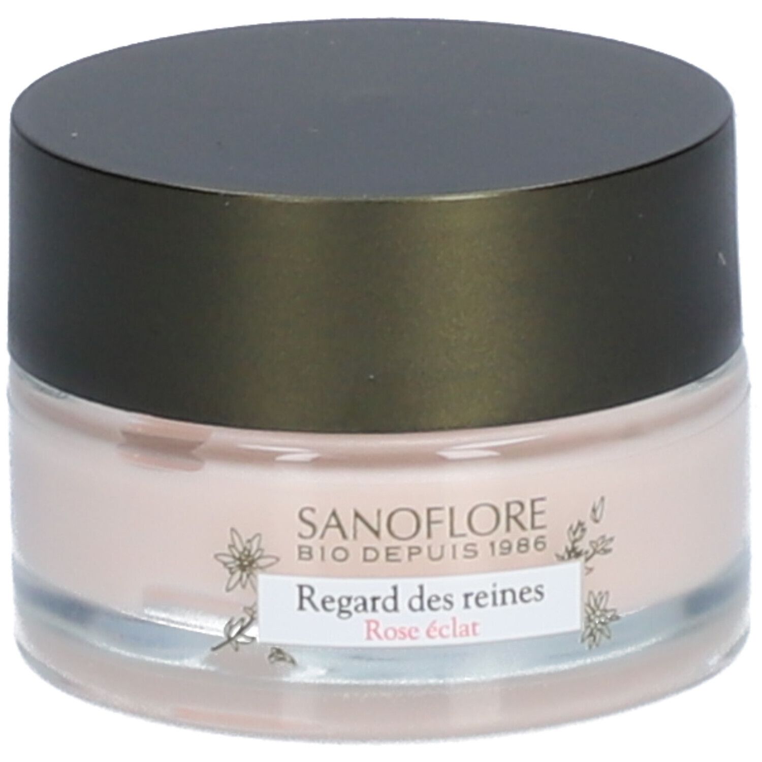 Pot de crème avec couvercle noir. Inscription: SANOFLORE, Regard des reines, Rose éclat. Crème rose visible.