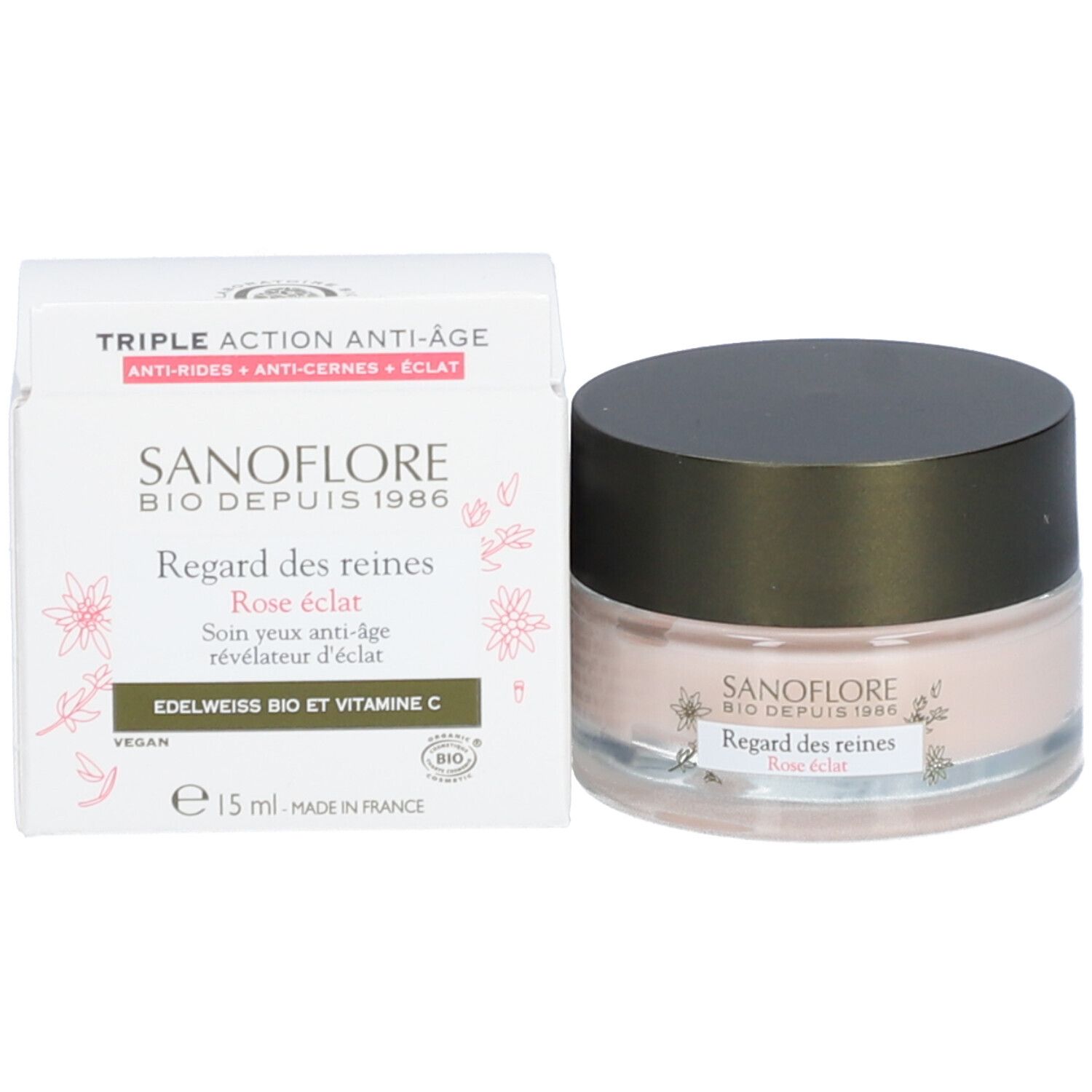 Pot de crème et emballage. Inscription: SANOFLORE, Regard des reines, Rose éclat. 15 ml. Vegan.