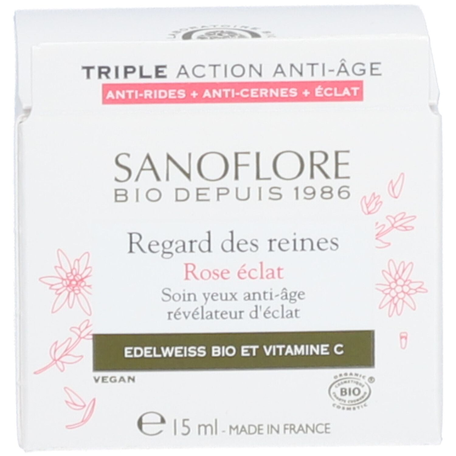 Emballage. Inscription: SANOFLORE, Regard des reines, Rose éclat. 15 ml. Vegan. Certification.