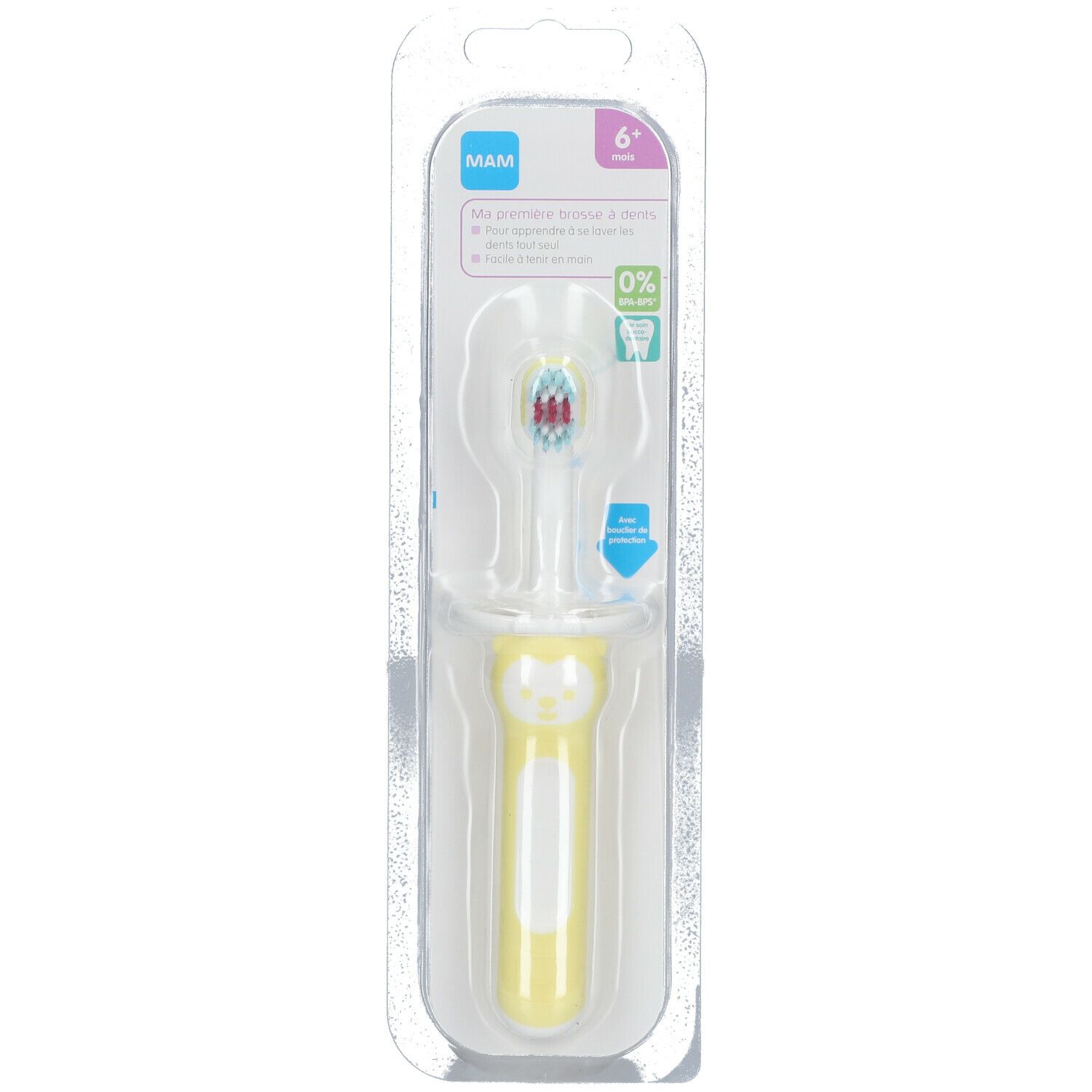 Brosse à dents pour bébé dans un emballage blister. Manche jaune, tête blanche avec poils colorés. Logo MAM.