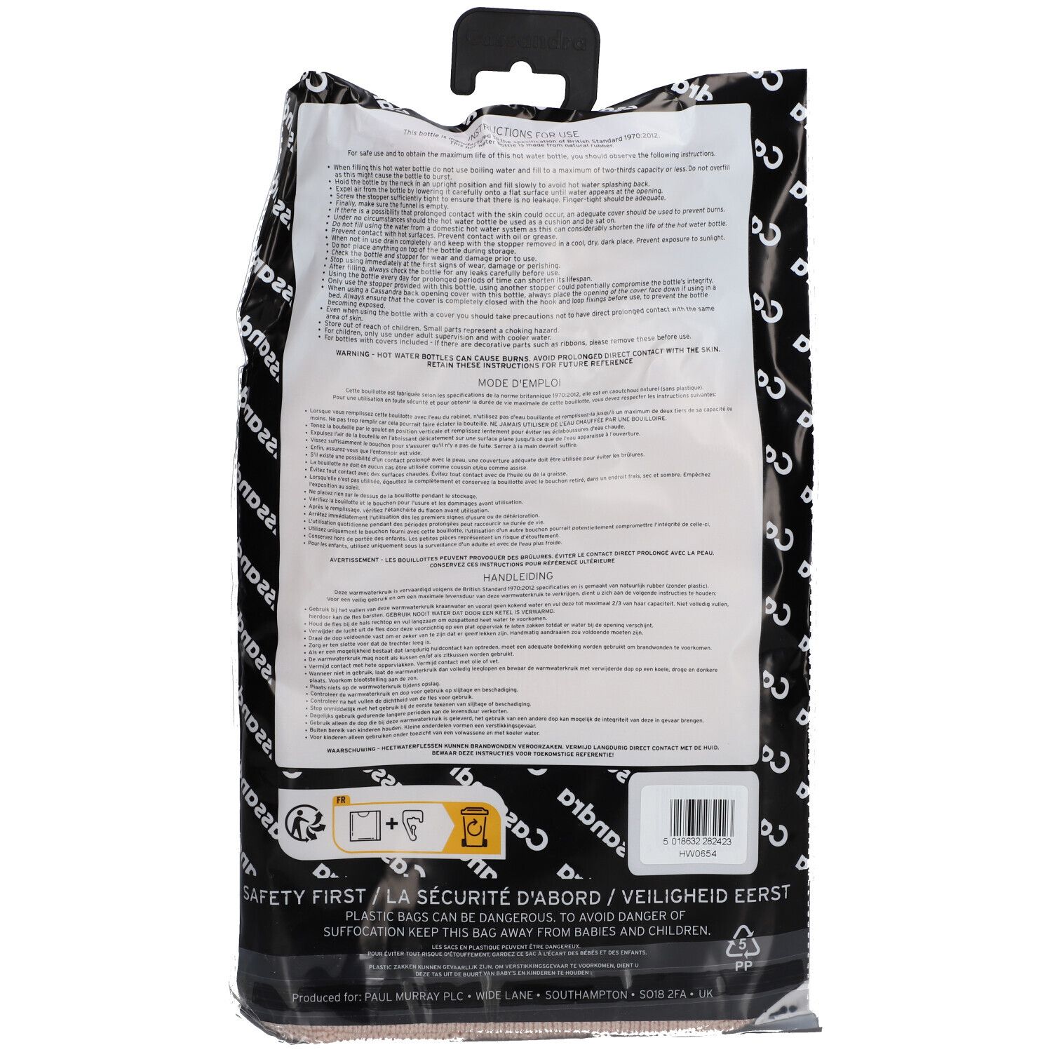 Rückseite der Verpackung mit Text und Barcode. Marke Cassandra. Sicherheitsinformationen.