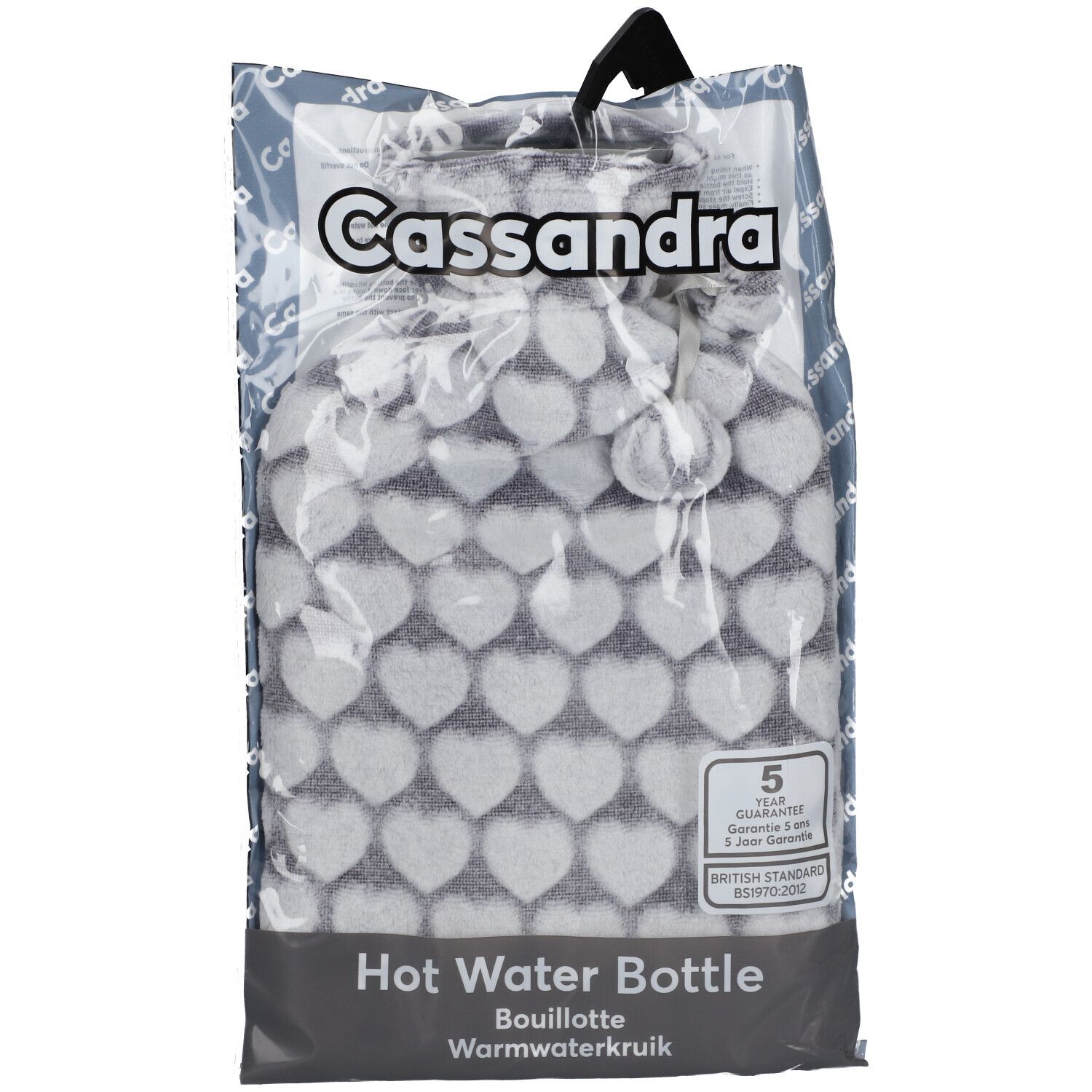 Hartvormige warmwaterkruik, grijs, in transparante verpakking. Merk Cassandra. 5 jaar garantie.